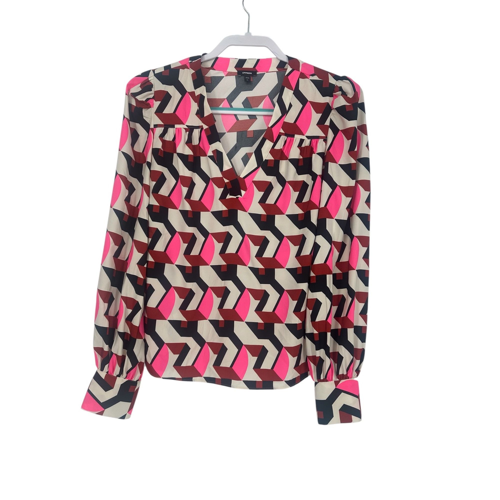 Express Express Women's Geometric Print Blouse XS Pink Black Abstrac Size XS / US 0-2 / IT 36-38 - 1 Thumbnail