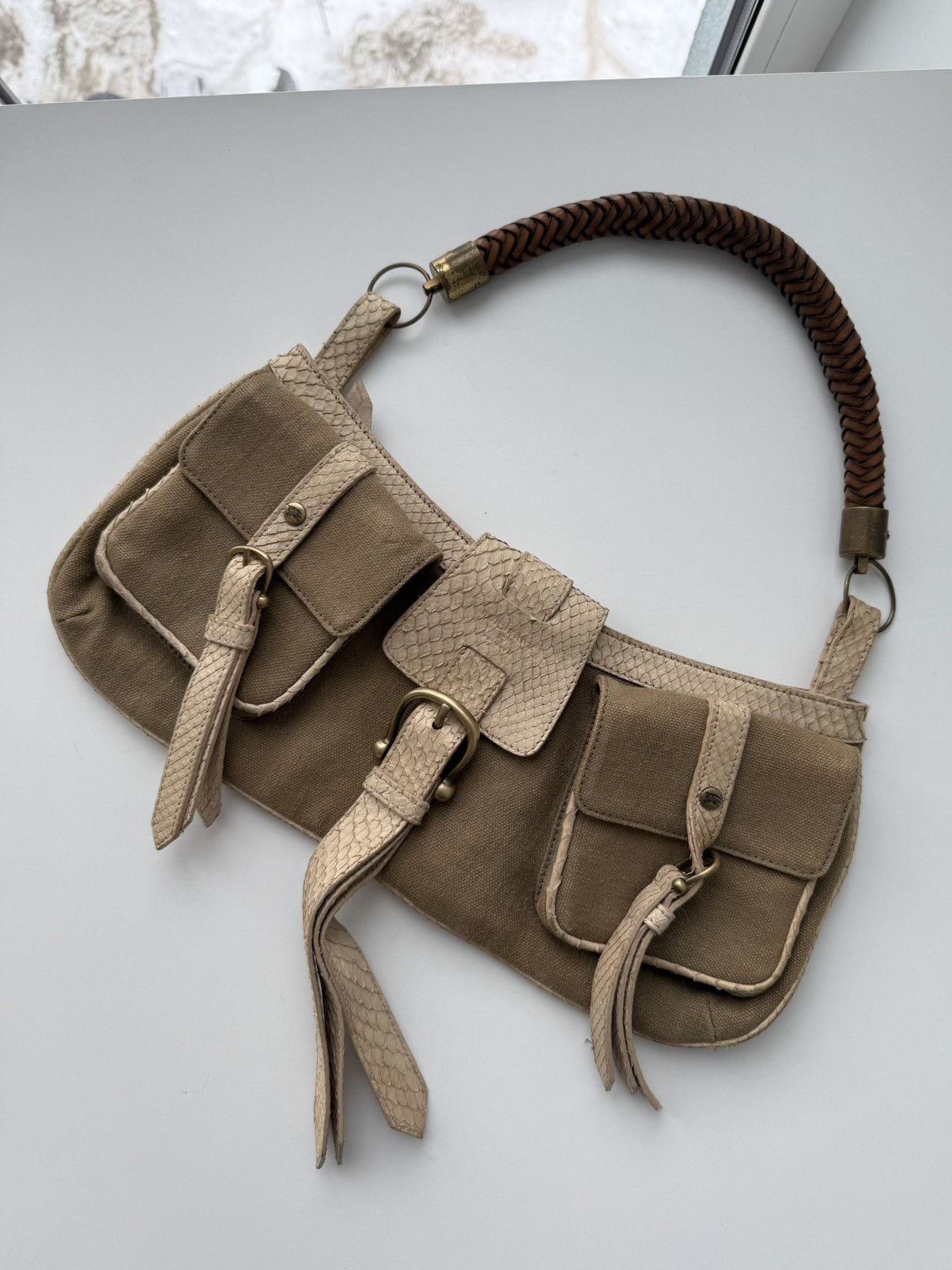 Burberry Prorsum Burberry Prorsum Python-Style Leather Canvas Shoulder Bag Size ONE SIZE - 1 Thumbnail