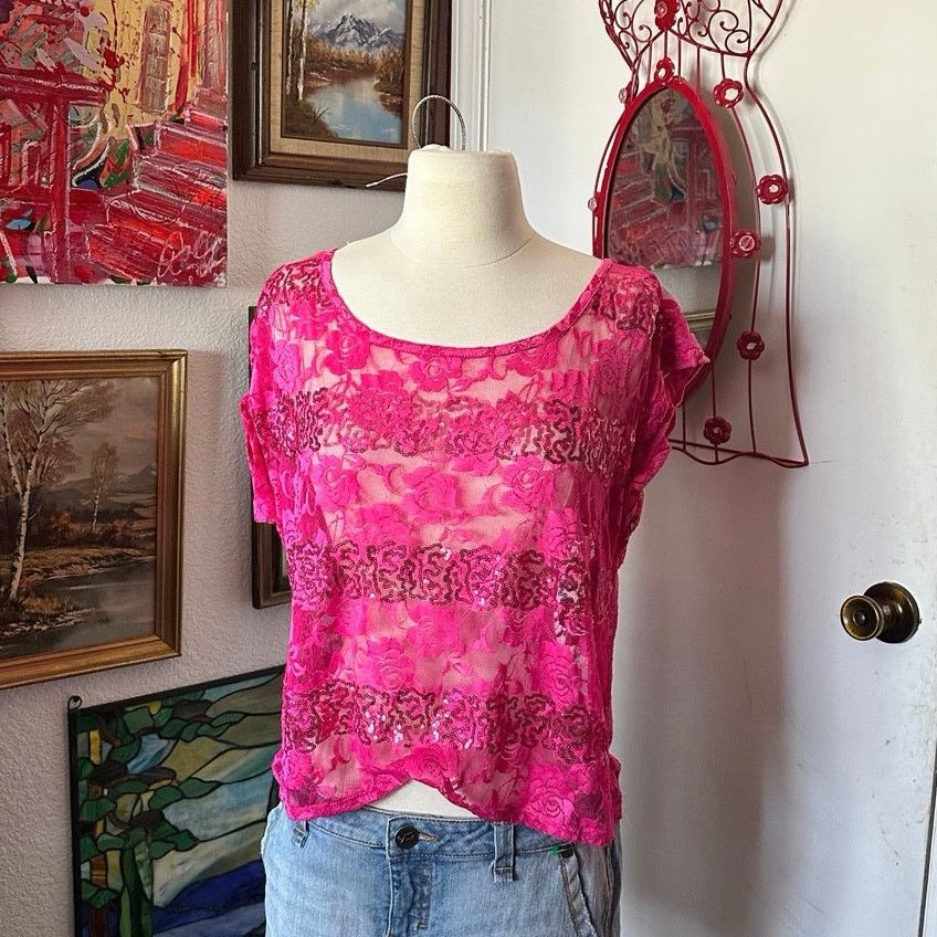 Other almost famous hot pink sequin floral lace short sleeve shirt Size XL / US 12-14 / IT 48-50 - 1 Thumbnail