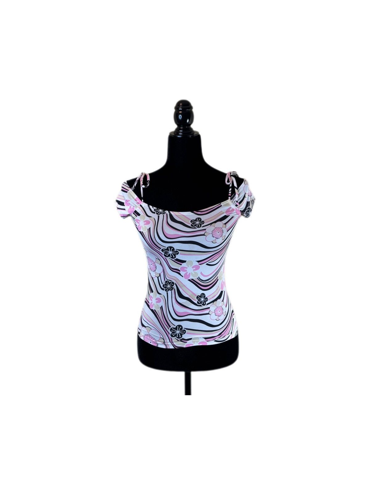 Moschino × Vintage Vintage Moschino Off-Shoulder Top Black Beige Pink Swirl Size S / US 4 / IT 40 - 1 Thumbnail