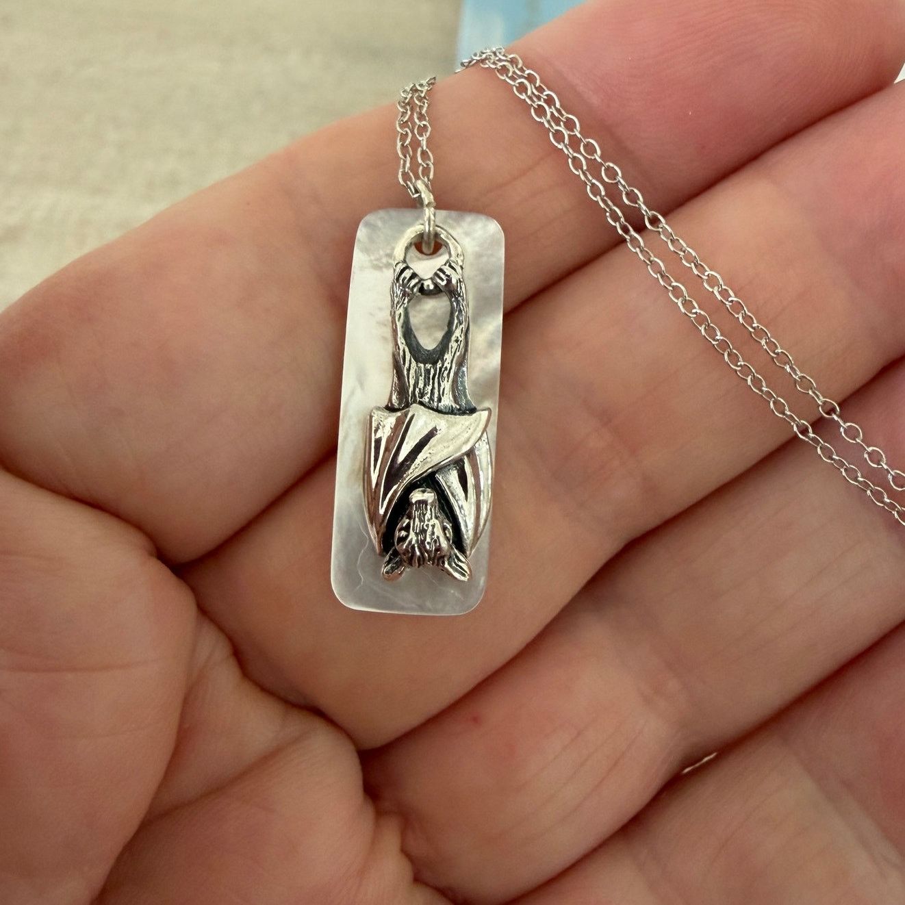 Other Sterling Silver Bat Pendant Mother of Pearl 18" Chain Gothic Size ONE SIZE - 7 Thumbnail