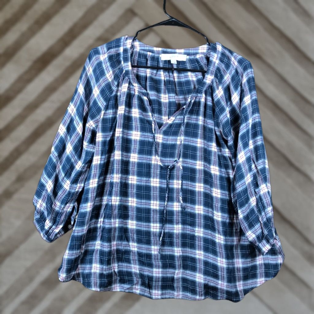 Ann Taylor Ann Taylor LOFT Womens Shirt Multi Plaid V Neck Long Sleeve Sheer Boxy Small Size S / US 4 / IT 40 - 1 Thumbnail