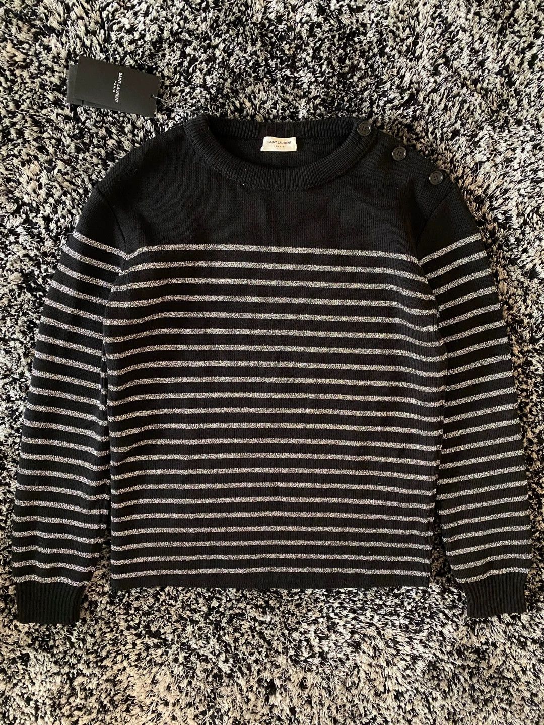 Saint Laurent Paris Saint Laurent Men's Silver Stripe Wool Sweater Size US M / EU 48-50 / 2 - 1 Thumbnail
