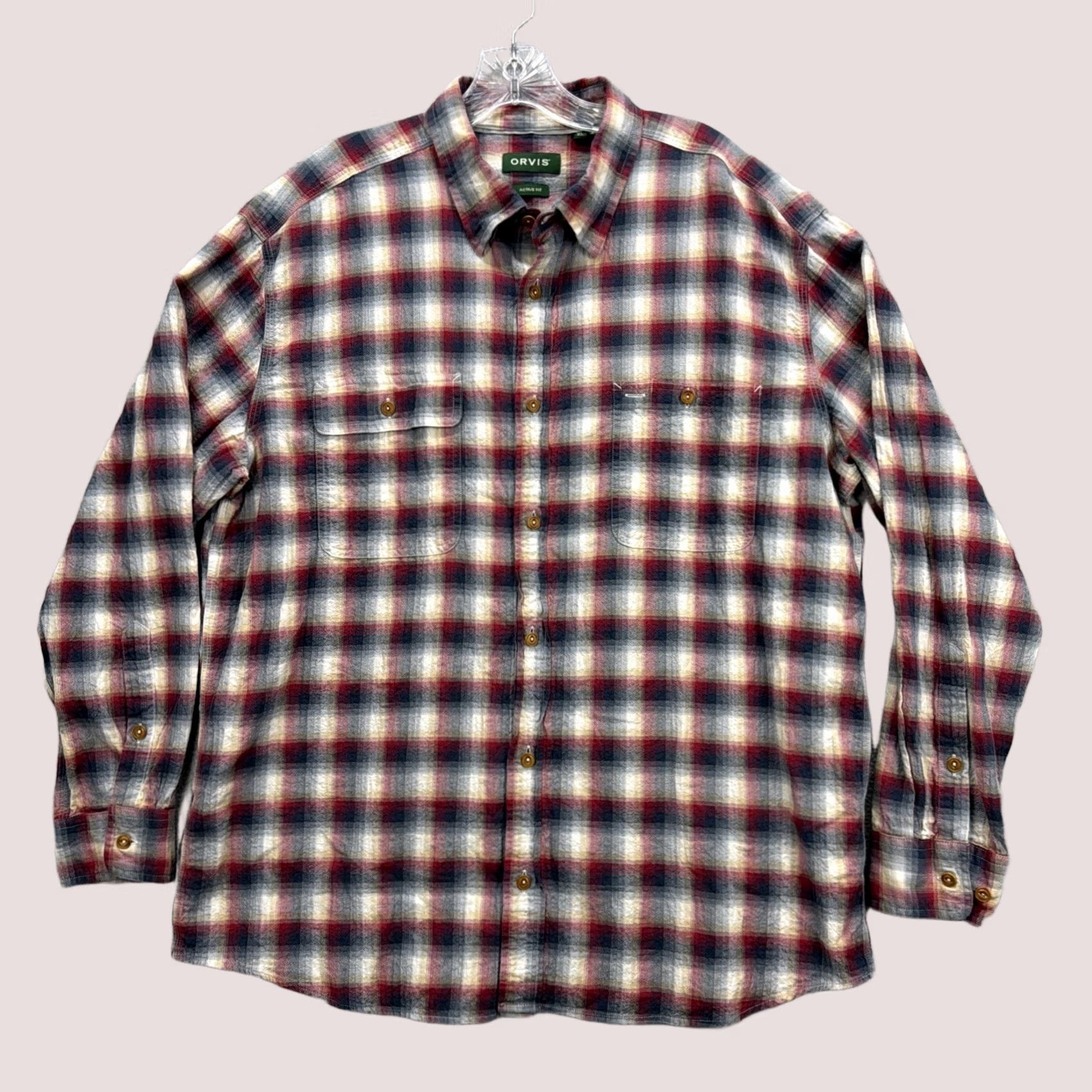 Orvis Shirt Mens 1XL Blue Red Tan Plaid Active Fit Crushed Herringbone Utility, Men's