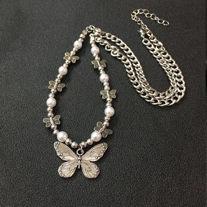 Jewelry x Vintage Goth Harajuku Butterfly Pearl Pendant Chain Choker Necklace in Silver, Men's