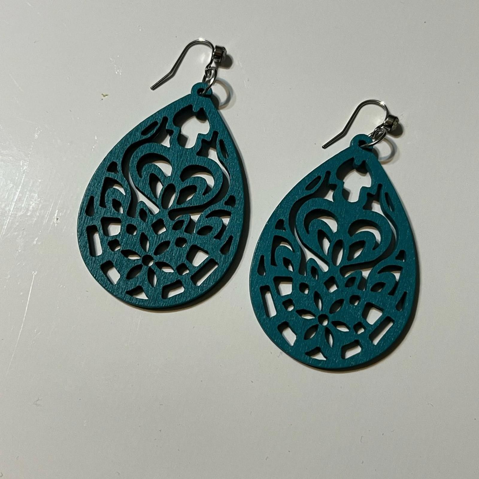 Handmade Teal Blue Laser Cut Teardrop Earrings 2in Size ONE SIZE - 2 Thumbnail