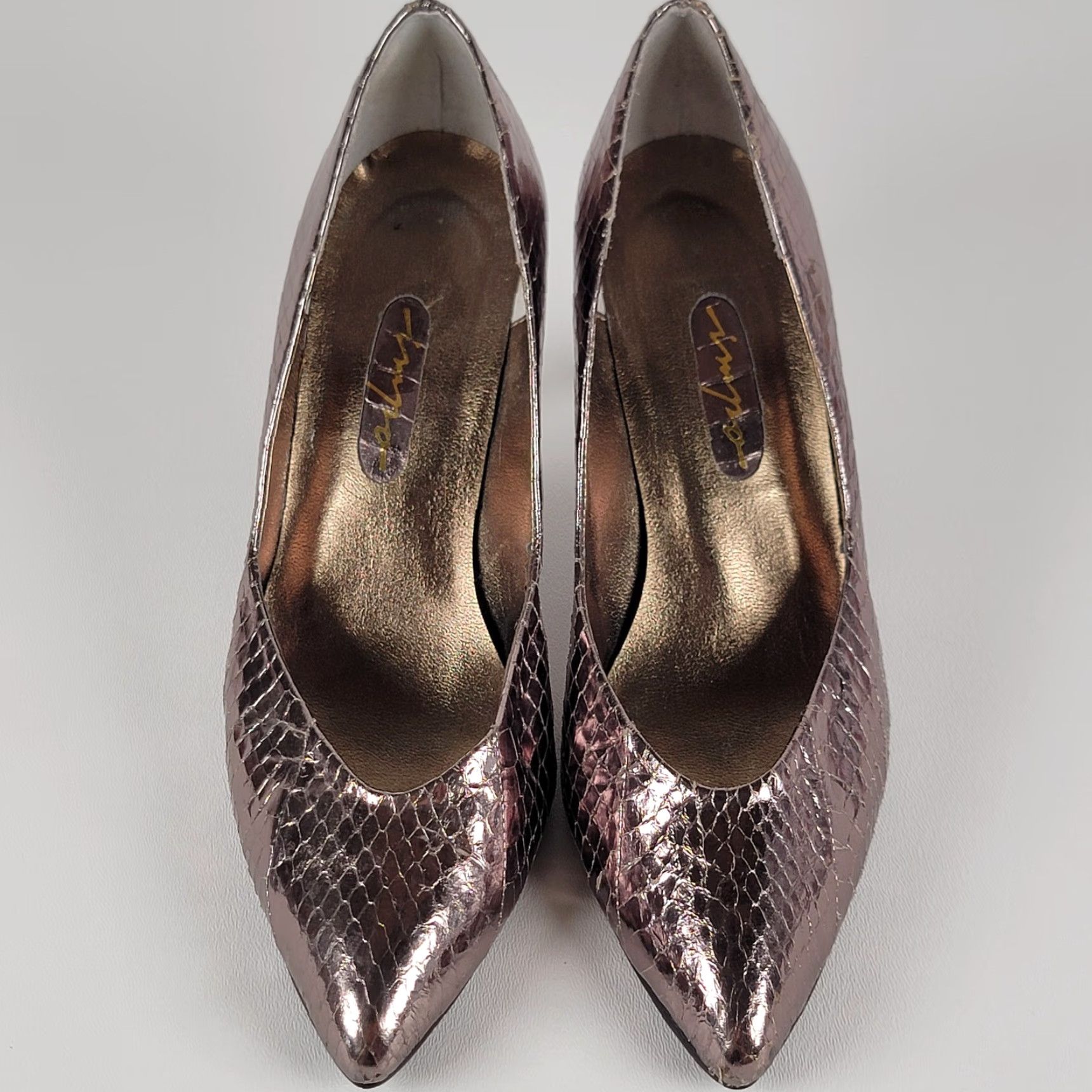 Vintage Vintage Women's Pumps Leather Heel Bronze Snake Print Pointed Toe Slip On 7B High Heel 3-3.9in - Brand Vintage Shoes Womens Size US 7 / IT 37 - 2 Thumbnail