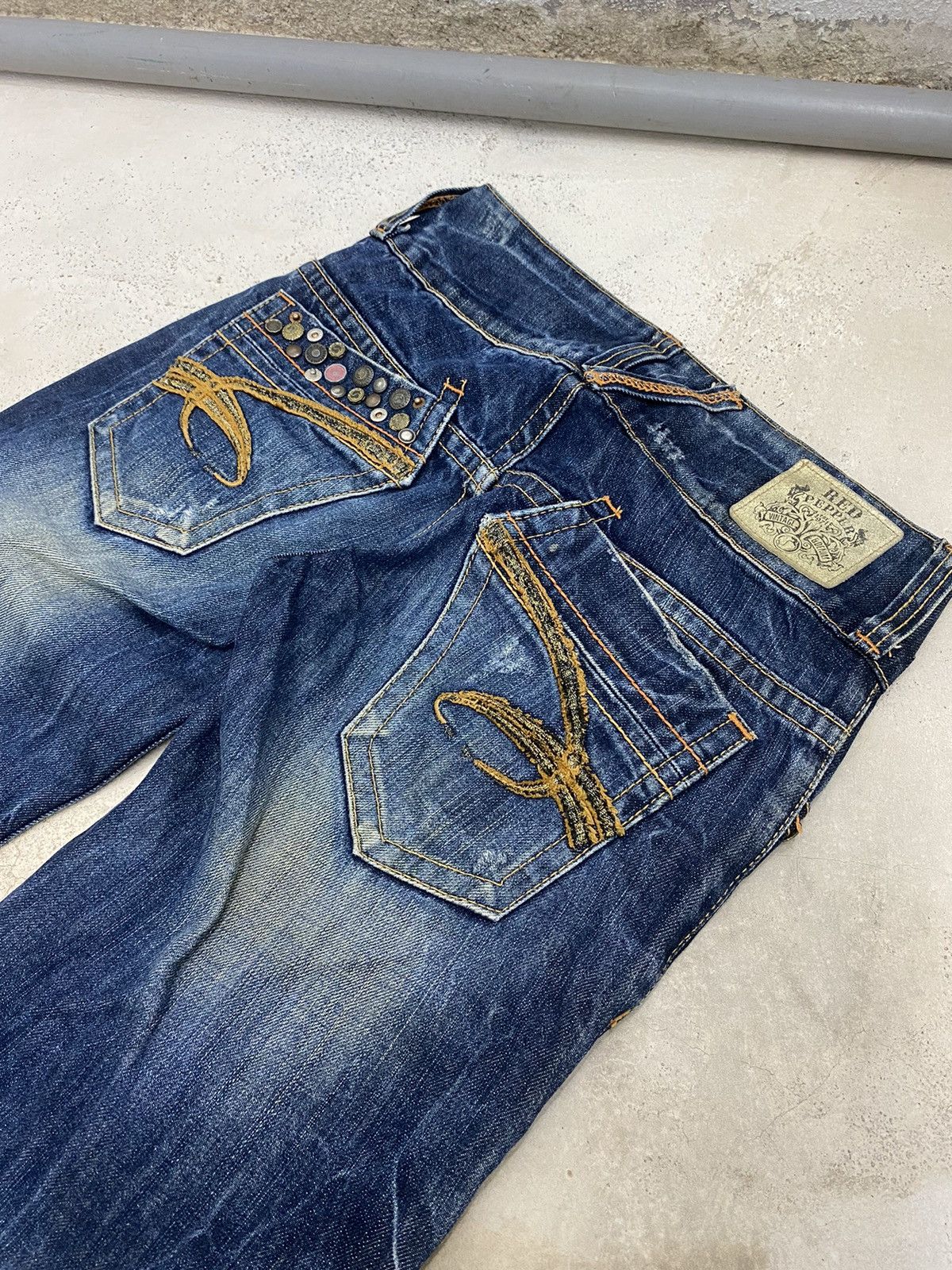 Japanese Brand × Le Grande Bleu (L.G.B.) × Tornado Mart Flare Red Pepper Denim Unique Embellished Pocket Mud Washed Size US 28 / EU 44 - 14 Thumbnail