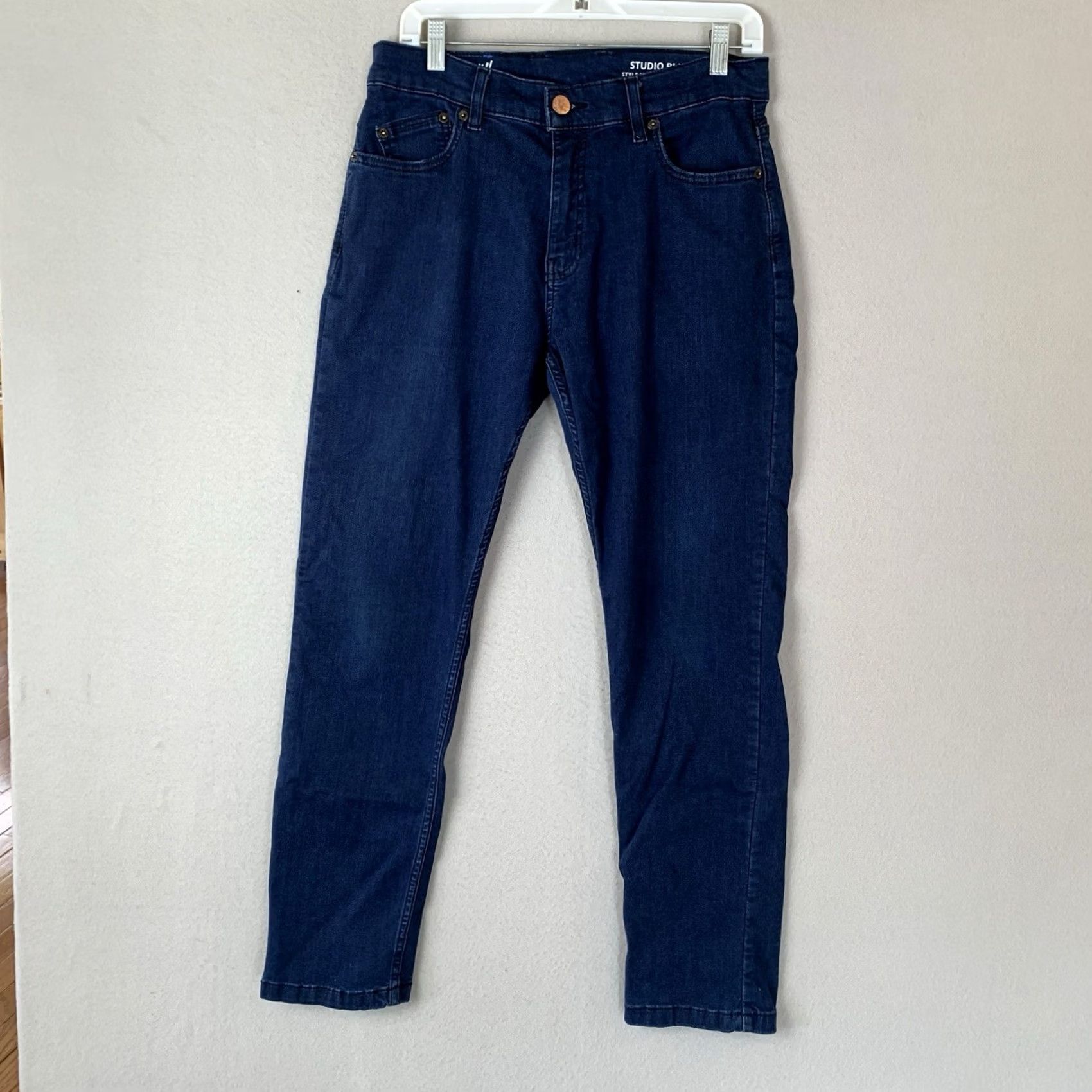 Vintage Mugsy Jeans Mens 33x30 Slim Straight Denim Office Preppy Studio Blues 5-Pocket Logo Stretch Dark Blue Size US 33 - 2 Thumbnail