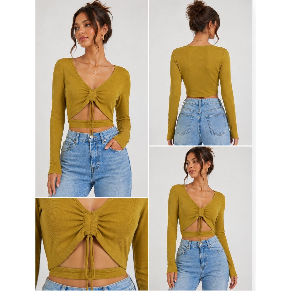 Other Olive Mustard Ribbed Knit Cutout Crop Top Ruched Front Small Size S / US 4 / IT 40 - 1 Thumbnail