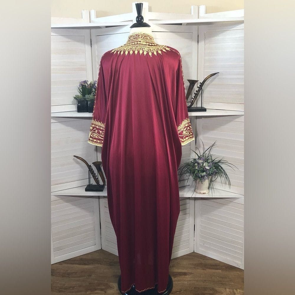 Vintage Vtge 70s Boho Burgundy Golden Embroider Kaftan Dress XL | Grailed