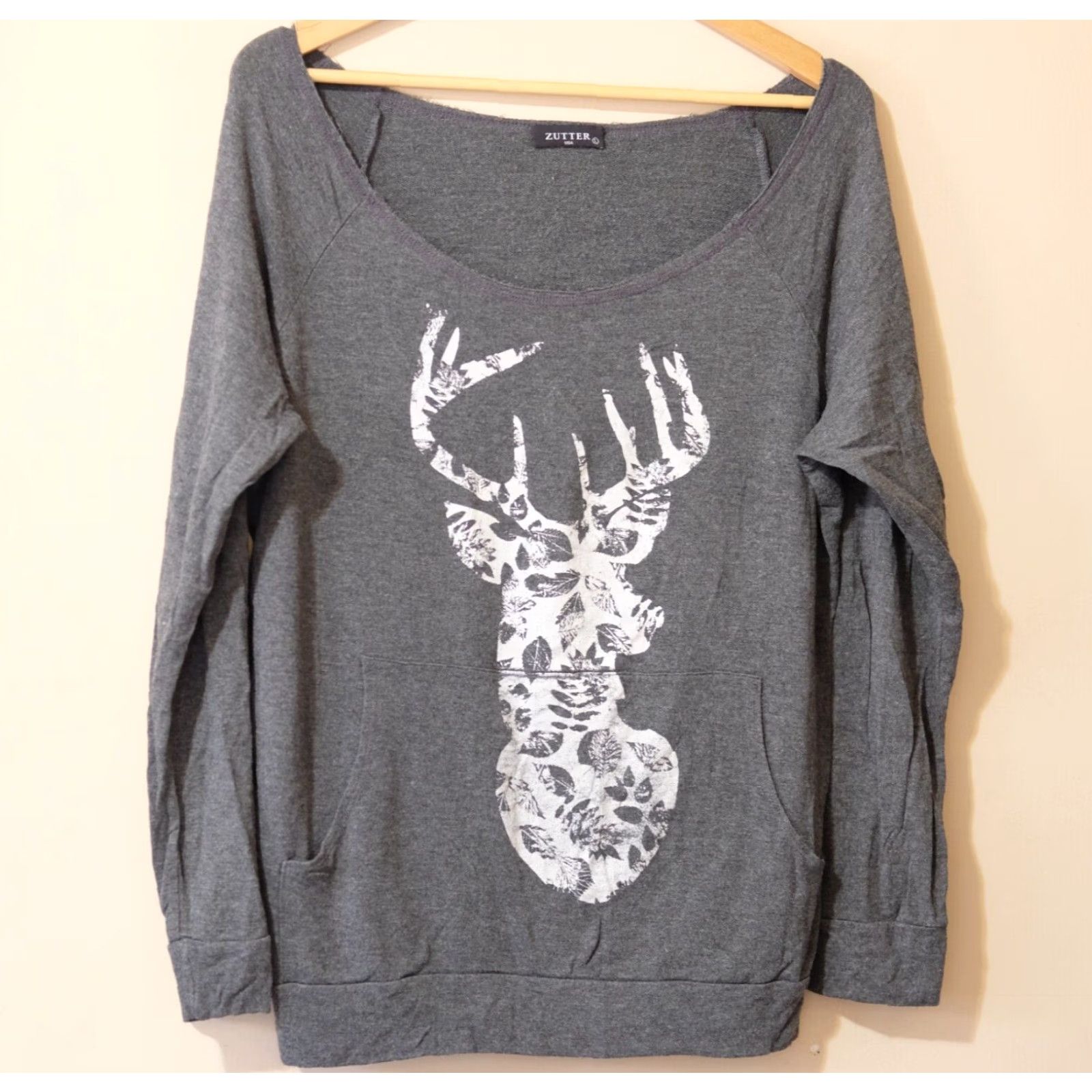 Vintage Zutter Women's L Gray Long Sleeve T-Shirt Deer Print w/Pockets Stretch #p51-81 Size L / US 10 / IT 46 - 2 Thumbnail