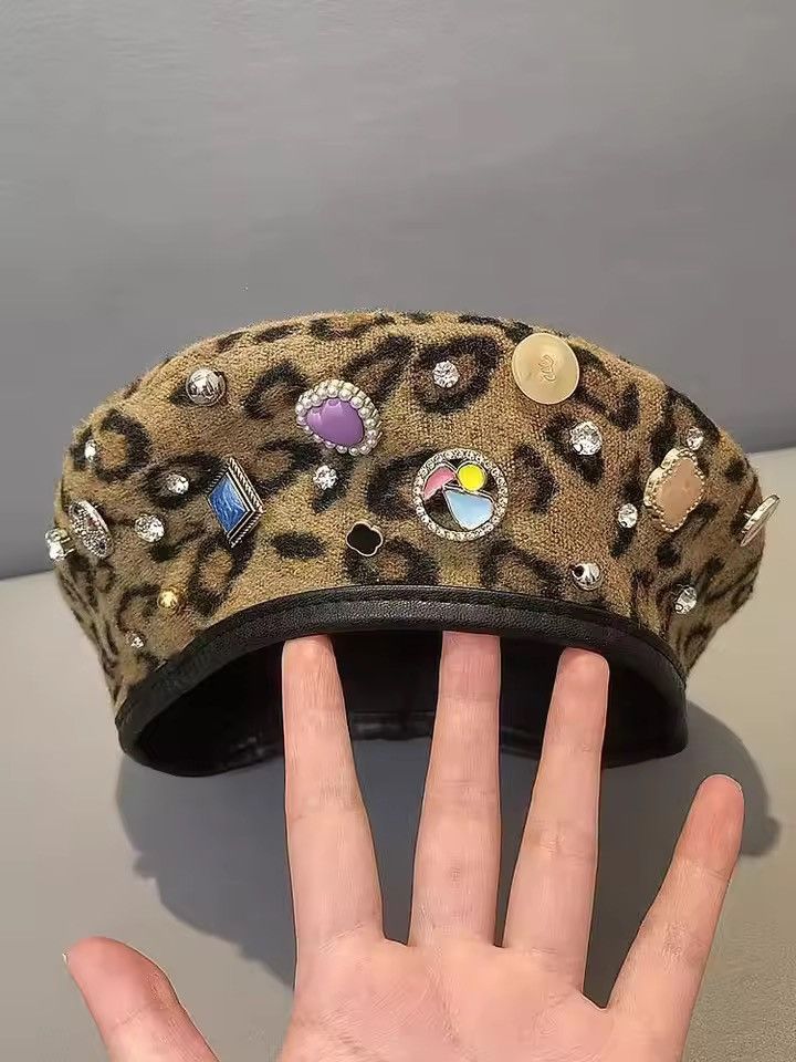 Vintage Buttons Diamonds Rhinestone Leopard Printed Berets Hat Size ONE SIZE - 4 Thumbnail