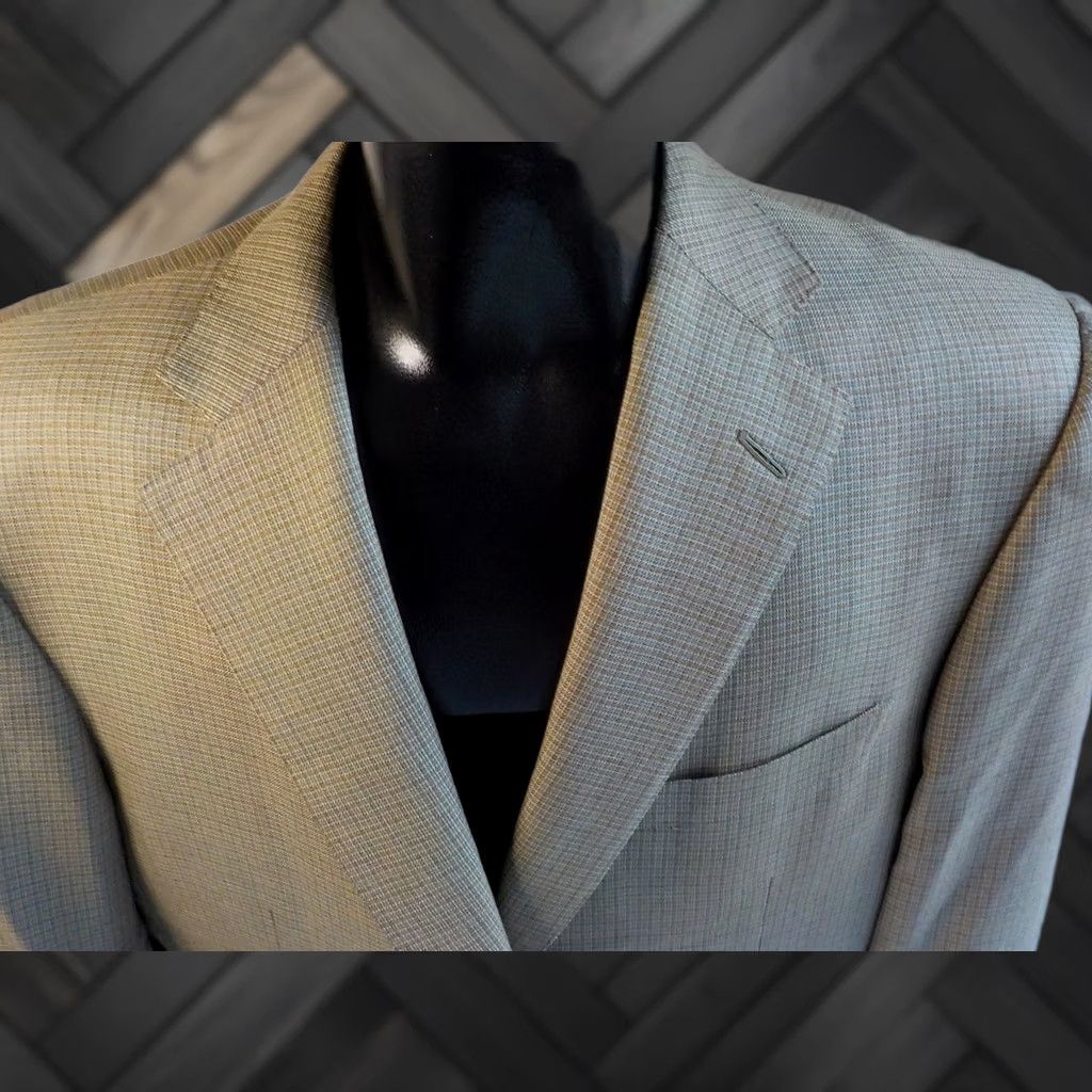 Ermenegildo Zegna VINTAGE Ermenegildo Zegna Blazer Silk Wool 2 Button Check Single-Breasted Long Beige Pale Blue Ivory Mens 46L Size 46R - 1 Thumbnail