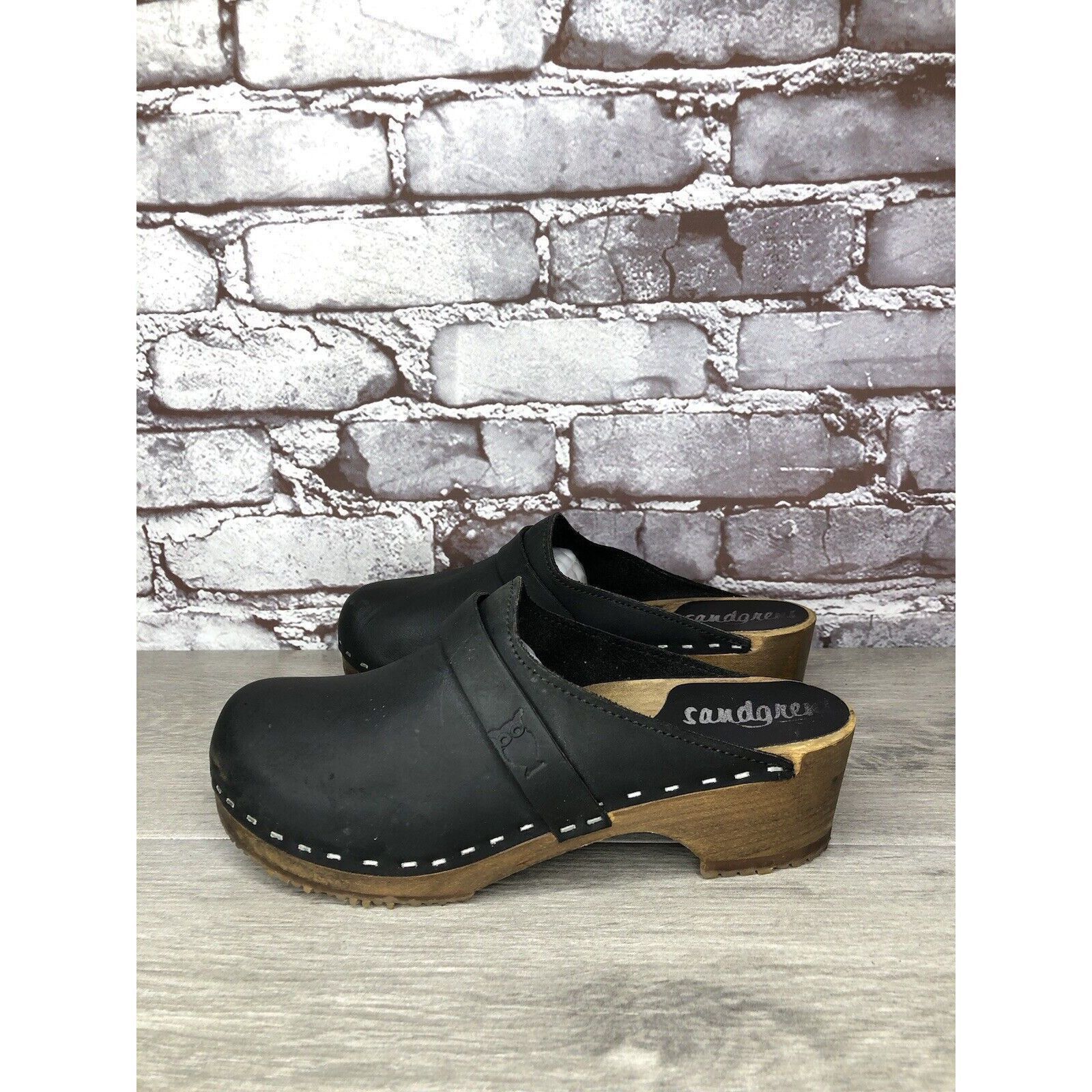 Other Sandgrens Handmade Swedish Black Nubuck Leather Wood Clogs W Size US 6 / IT 36 - 1 Thumbnail