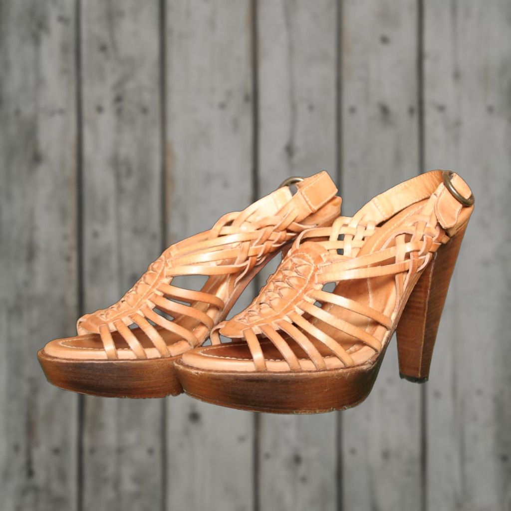 Frye FRYE Joy Tan Leather Slingback Platform Huarache Sandals Buckle 5" Heel Sz 9B Womens Size US 9 / IT 39 - 1 Thumbnail