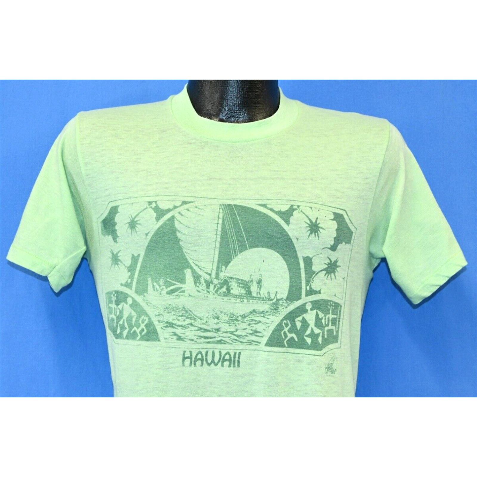 image of Vintage 80's Hawaii Poly Tees Sunset Sailing Ocean Wave Hibiscus Flower T-Shirt S in White (Size Sm