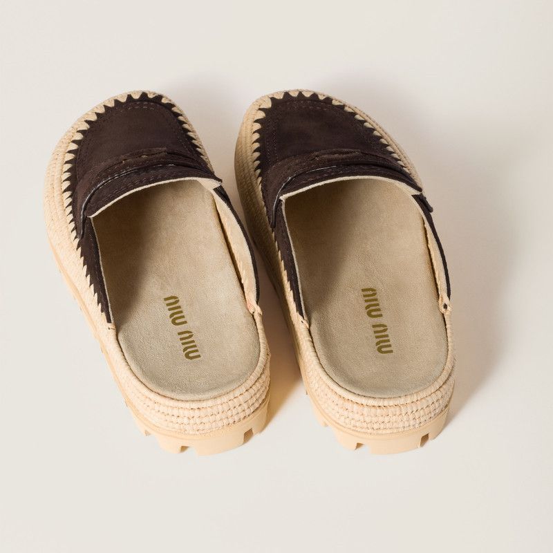 Miu Miu o1B3y1r0526 Suede and Raffia Flatform Mules in Brown Size US 11 / IT 41 - 3 Thumbnail