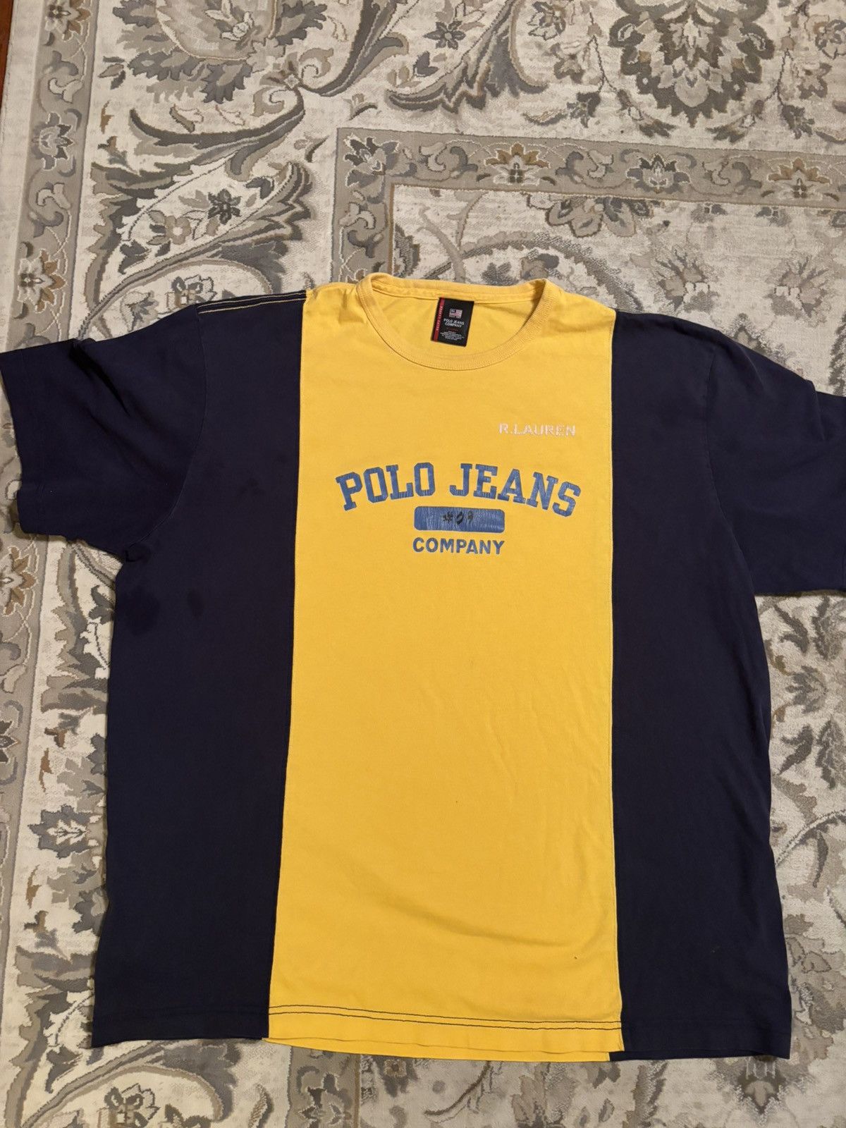 Polo Ralph Lauren Vintage Polo Jeans Company #09 T-Shirt Yellow and Blue Size US XL / EU 56 / 4 - 1 Thumbnail