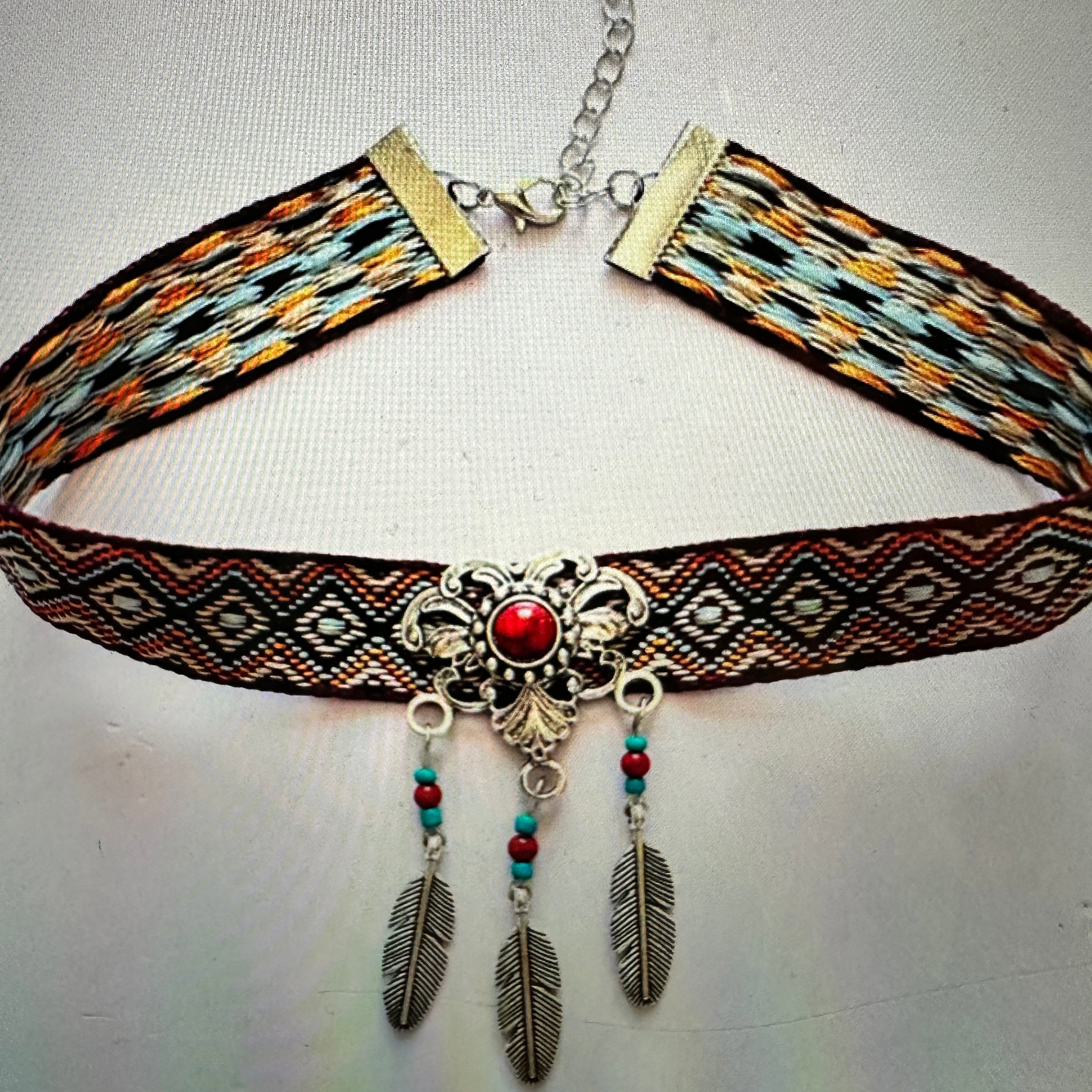 Other Handcrafted Bohemian Coral & Feather Choker Necklace with Gi Size ONE SIZE - 5 Thumbnail