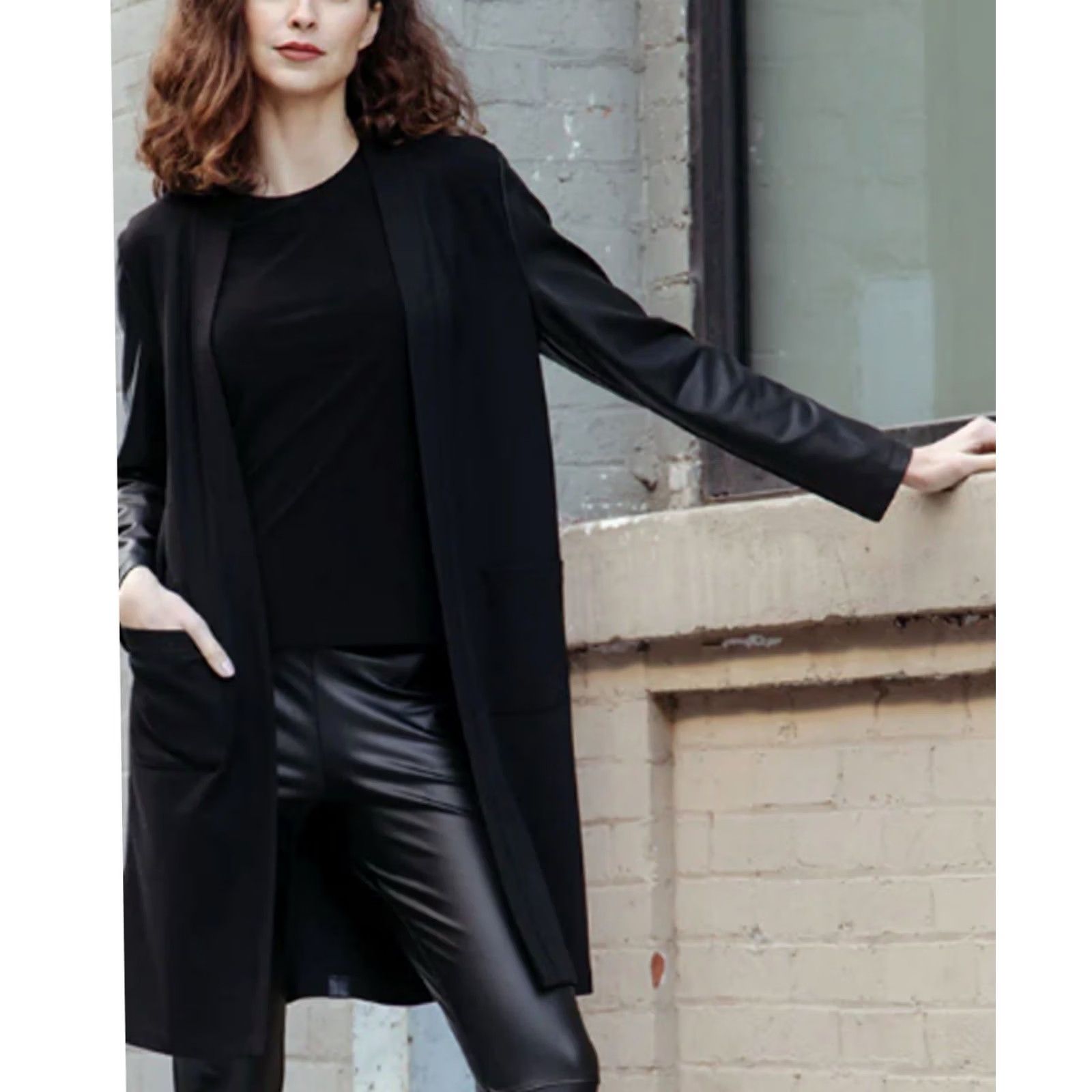 Vintage Clara Sun Woo Black Ponte/Liquid Leather Open Front Cardigan Medium Women Cardigan Size M / US 6-8 / IT 42-44 - 2 Thumbnail