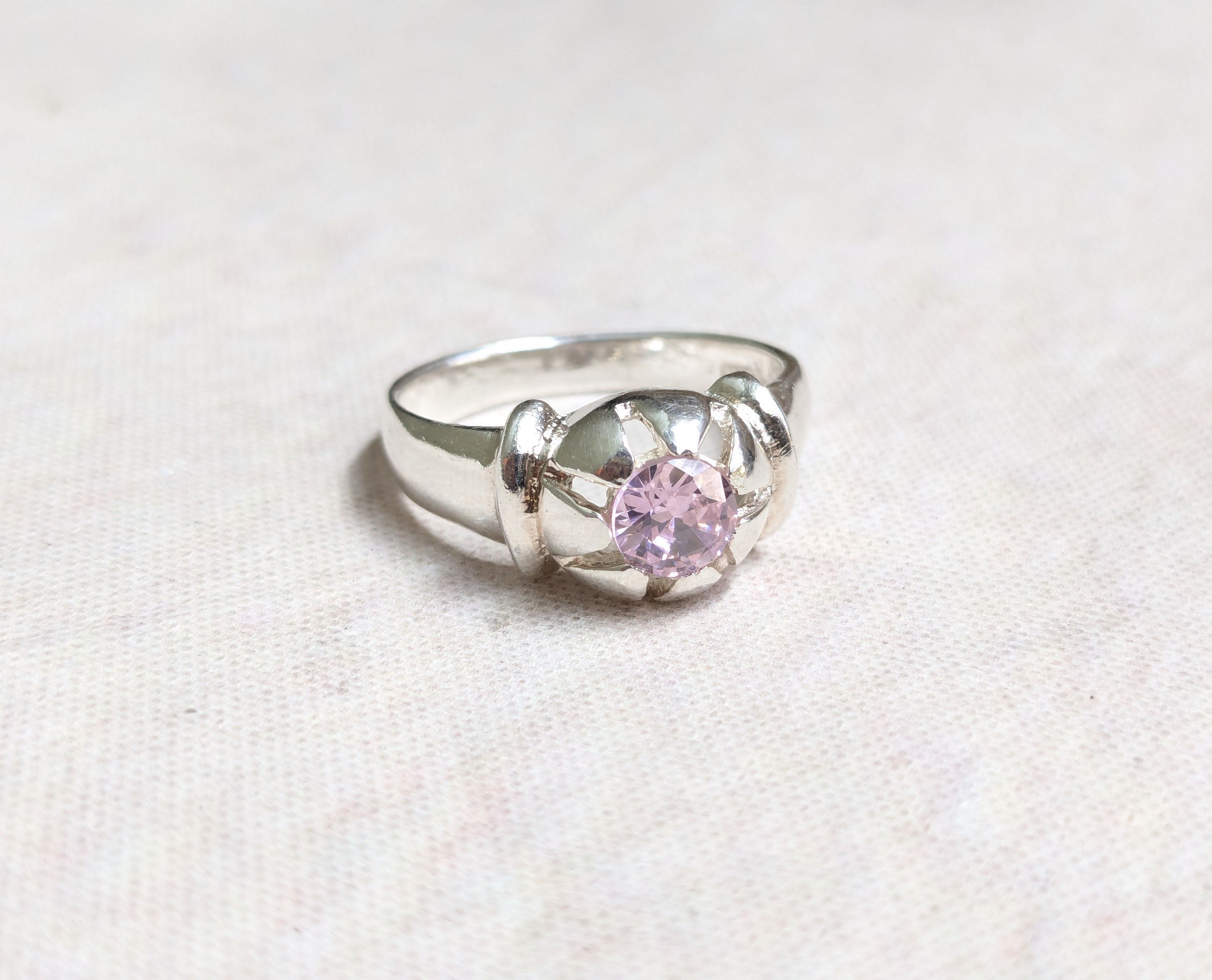 Jewelry Sterling Silver Ring Pink CZ Round Faceted Band Size ONE SIZE - 1 Thumbnail