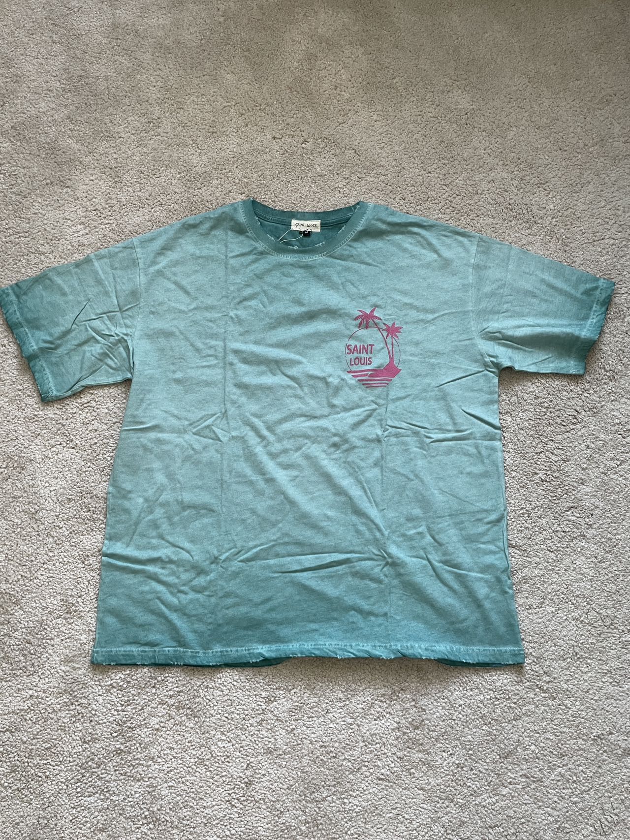 image of Sssaint Louis Coconut Tree T-Shirt in Green/Light Blue, Men's (Size Medium)