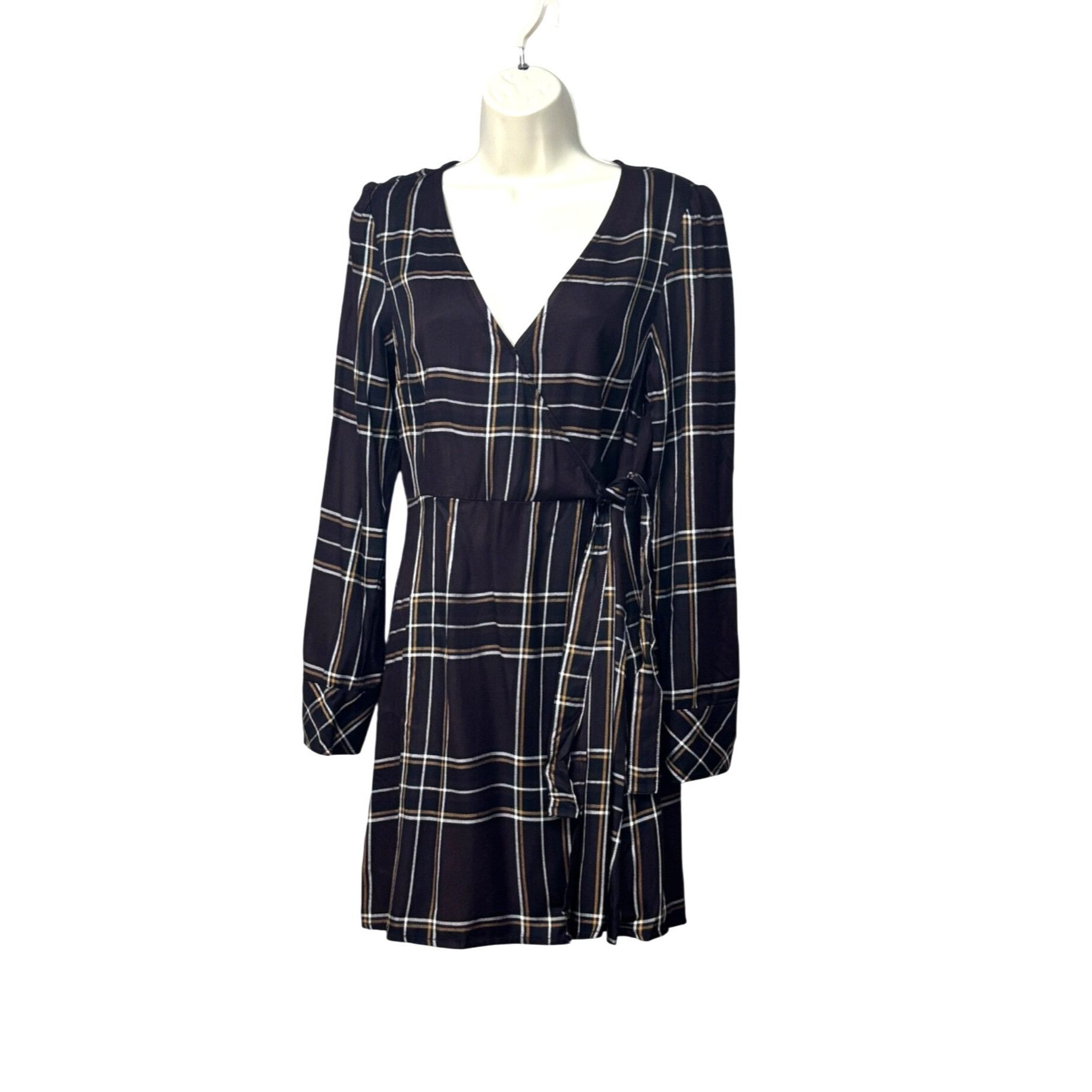 Sanctuary SANCTUARY Upbeat Faux-Wrap Long Sleeved Plaid Dress, Brown, Size M / US 6-8 / IT 42-44 - 2 Thumbnail