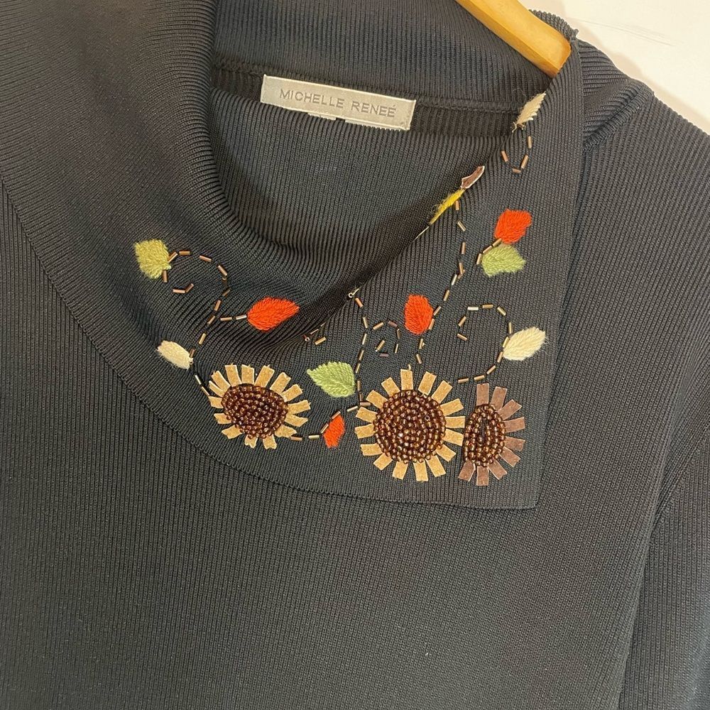 Other Michelle Renee Ribbed Slinky Black Embroidered Collared Blou Size L / US 10 / IT 46 - 3 Thumbnail