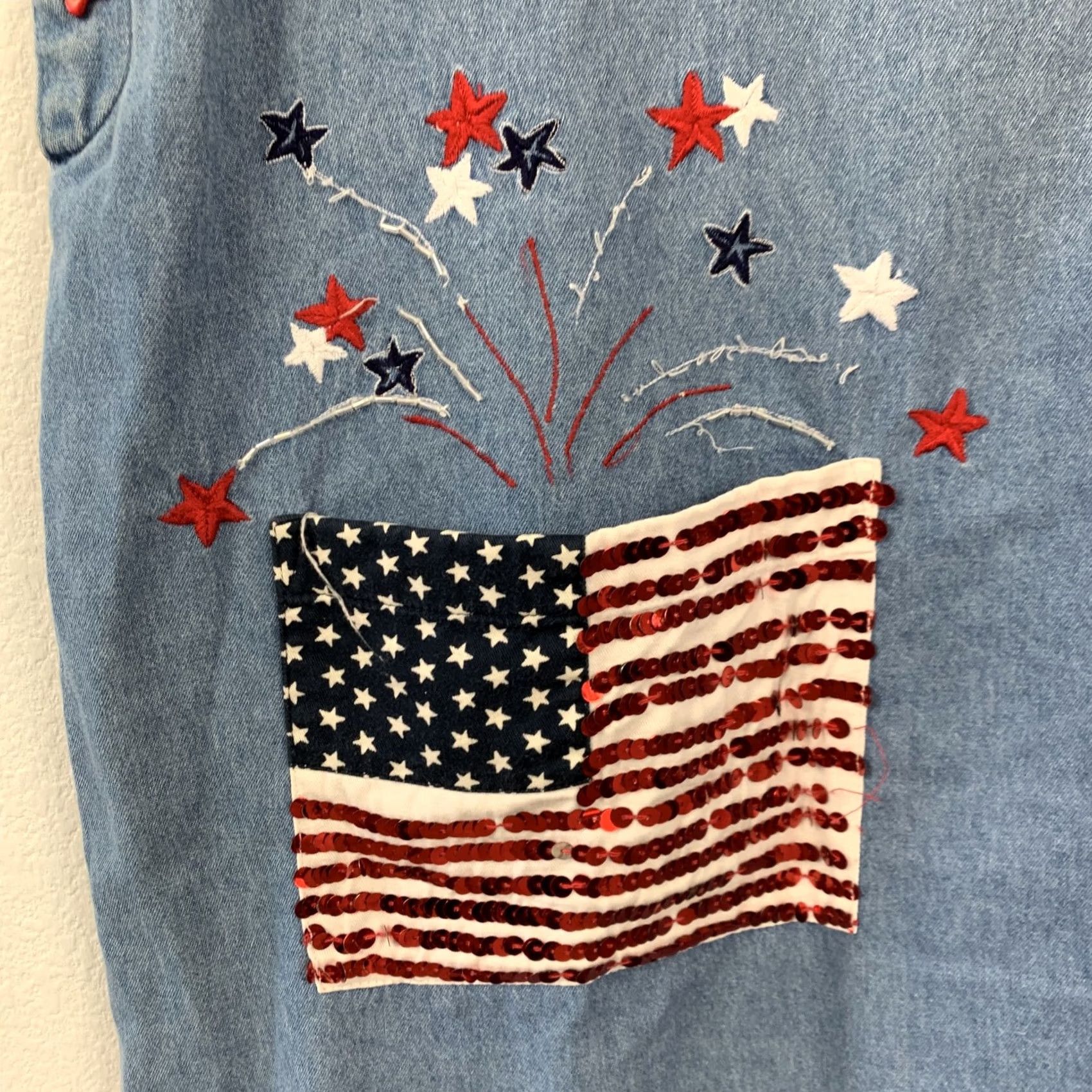 Vintage Roaman's Plus Size 20W Denim Shift Dress American Flag Stars 4th Of July Sequin Embroidered Button Geometric Star USA Patriotic Womens Dress Size 3XL / US 20-22 - 2 Thumbnail