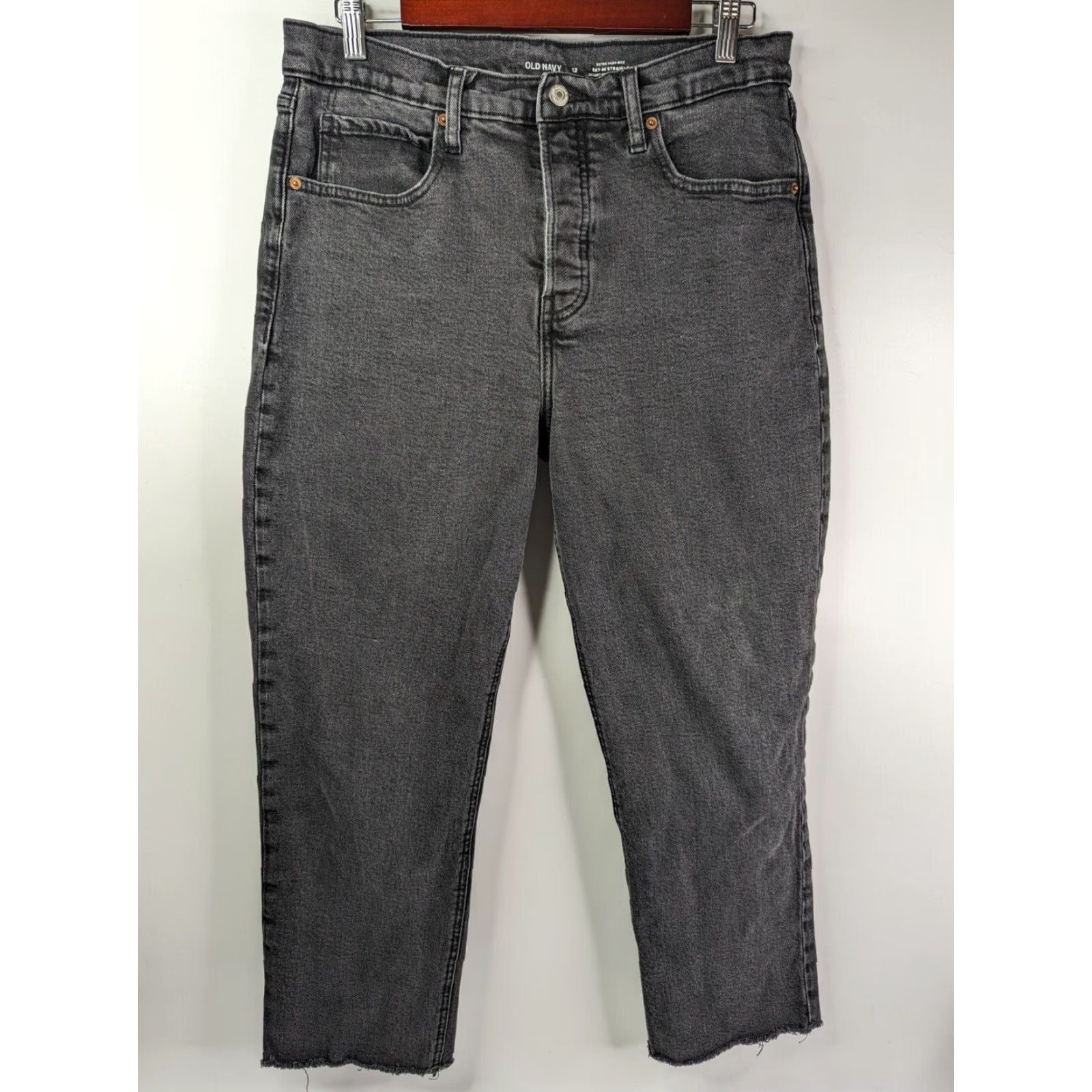 Old Navy Old Navy Jeans Women's 12 Black Lantern Ski Hi Straight Extra High Rise Raw Hem Denim Cotton Spandex 5-Pocket Design Button Zipper Regular Size 34" / US 12 / IT 48 - 2 Thumbnail