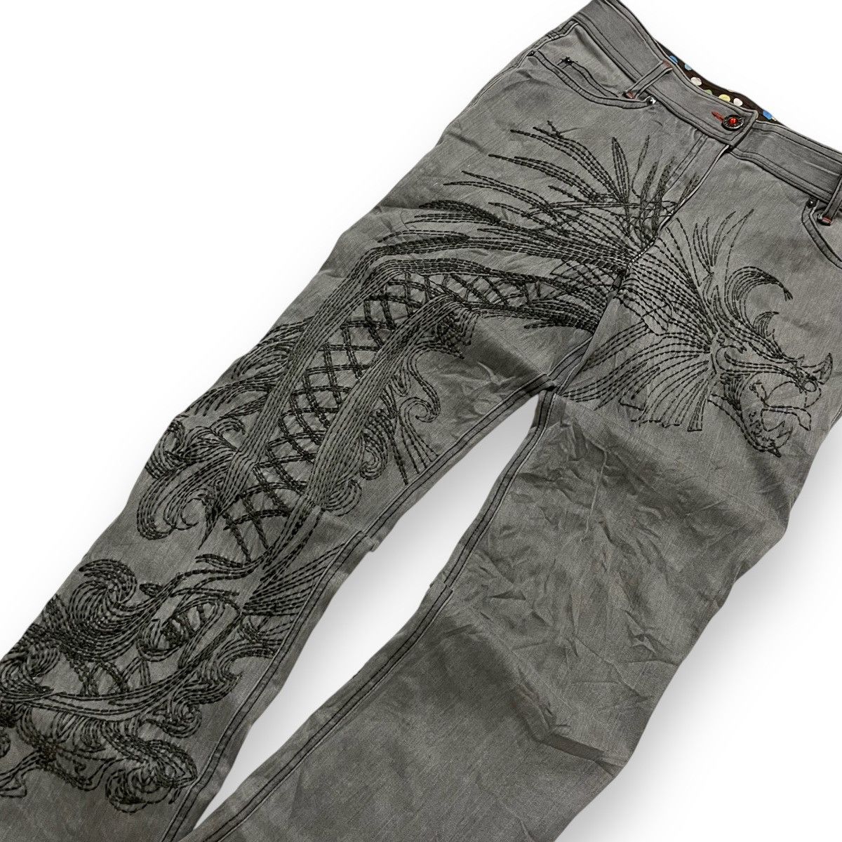 Japanese Brand FLARED HACHIYAMACHO SHIBUYAKU EMBROIDERED DRAGON (з0×40) Size US 30 / EU 46 - 4 Thumbnail
