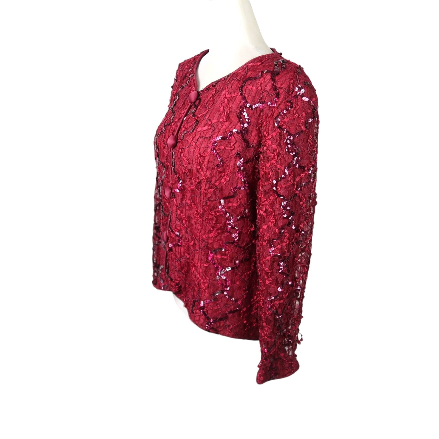 Vintage VINTAGE 90s JS Collections Sequin Jacket Burgundy Red Red Sequin Jacket Women 14 Long Sleeve Button Polyester 90s Party/Cocktail Formal fall winter Size XL / US 12-14 / IT 48-50 - 3 Thumbnail
