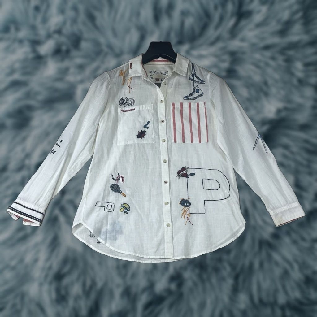 Vintage Pilcro Button Front Blouse Womens XS White Cotton Long Sleeve Embroidered Shirt Size XS / US 0-2 / IT 36-38 - 1 Thumbnail