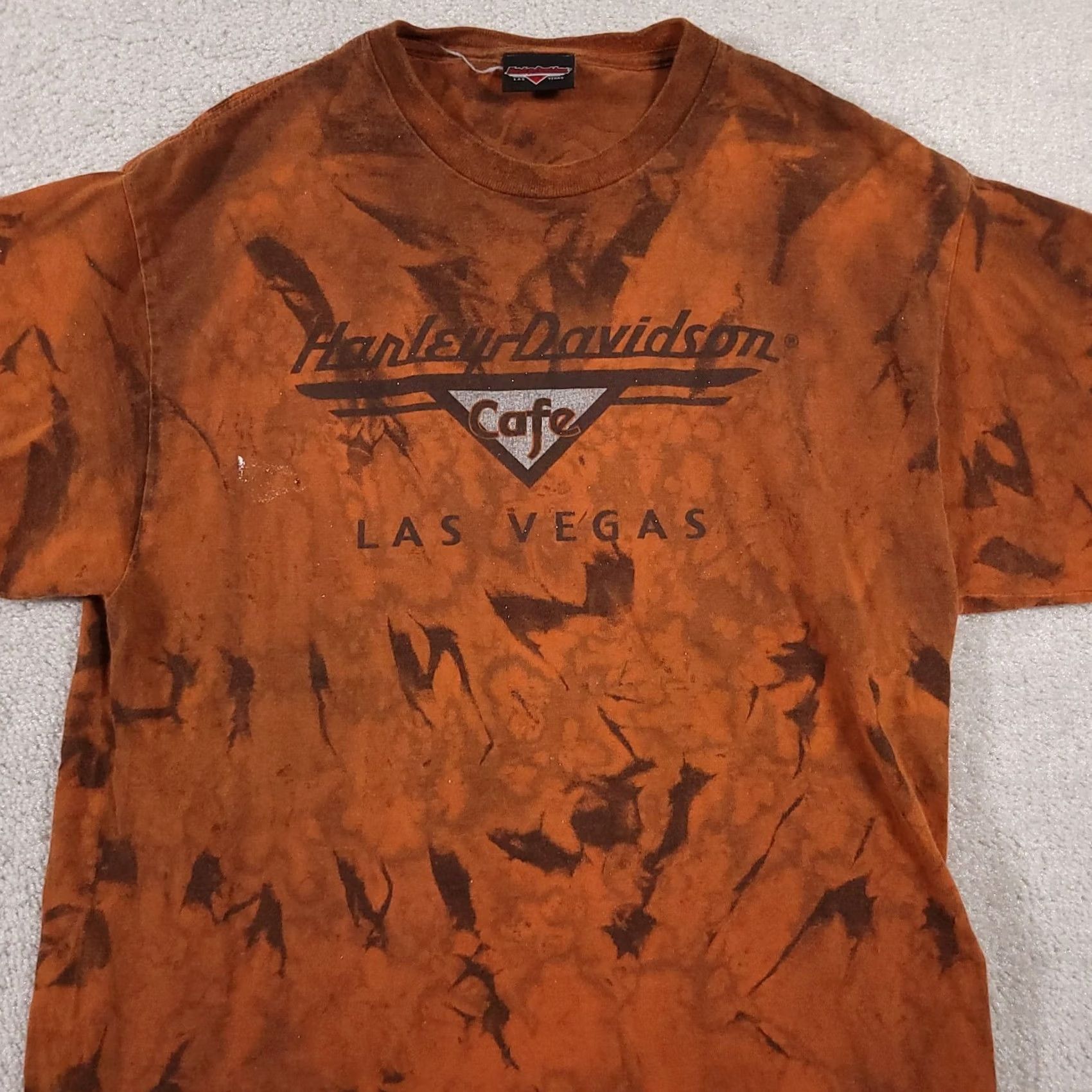 Harley Davidson VINTAGE Harley-Davidson T-Shirt Mens Large Orange Tie Dye Las Vegas Cafe Motorcycle Graphic Print Crew Neck Short Sleeve Logo 90s Mens Size US L / EU 52-54 / 3 - 3 Thumbnail