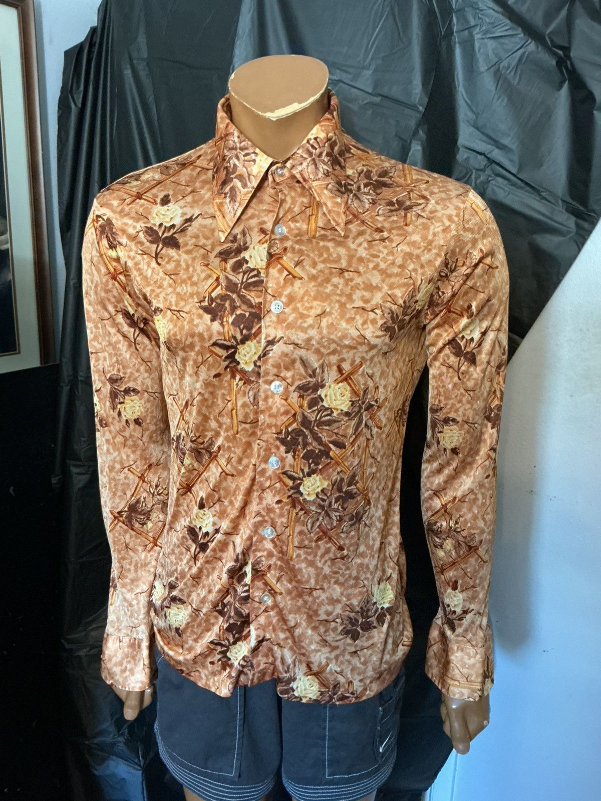 Vintage 1970s Dude By Cambridge Rose Flower Bamboo Polyester Shirt Size US S / EU 44-46 / 1 - 8 Thumbnail