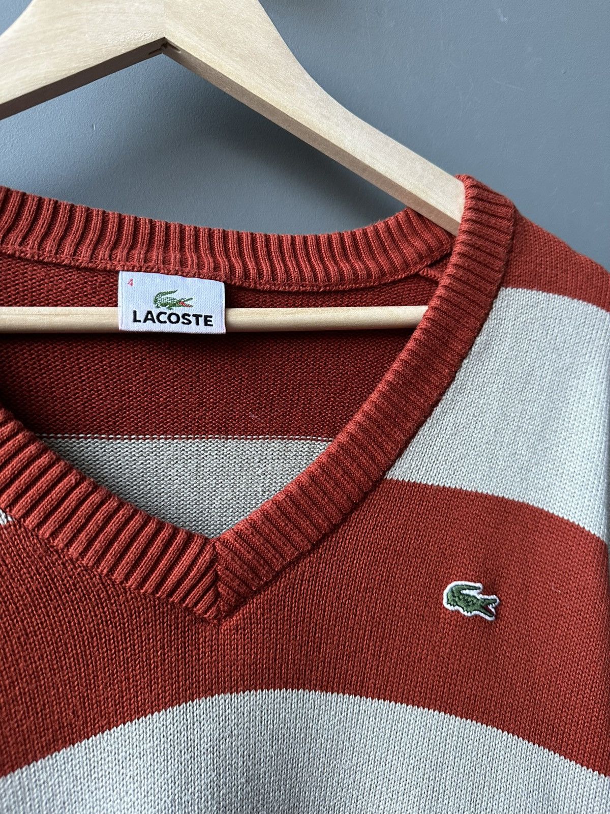 Lacoste Lacoste V-Neck Stripped Cotton Sweater Size 4 Size US L / EU 52-54 / 3 - 3 Thumbnail