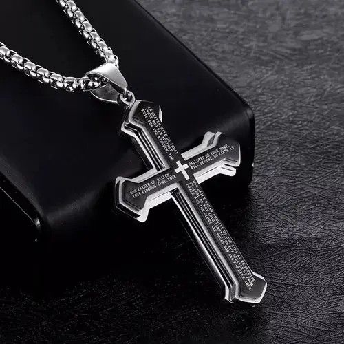 Chain x Jewelry Black Silver Cross God Pendant Necklace Star Jesus Christ, Men's