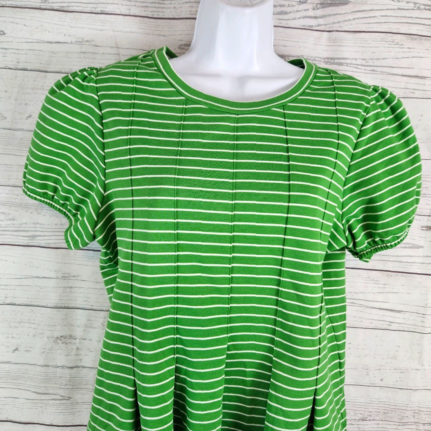 Vintage Maeve Maeve by Anthropologie Womens Top Sz Medium Green White Stripe Blouse Short Sleeve Pullover Polyester Blend Size M / US 6-8 / IT 42-44 - 2 Thumbnail