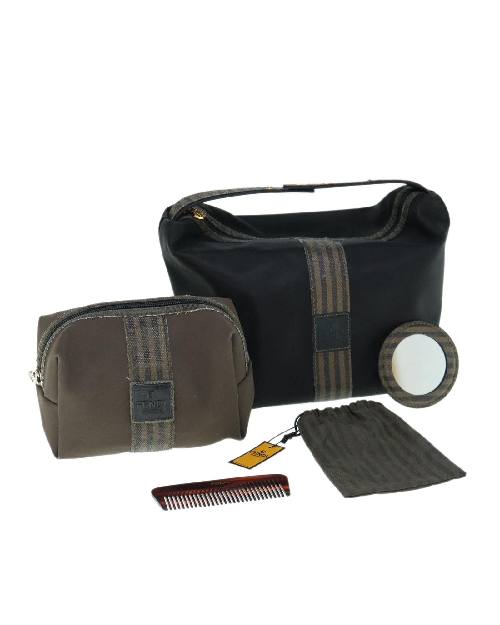 image of Fendi Canvas And Pvc Pouch Set With Pequin Pattern - Black/brown, Women's