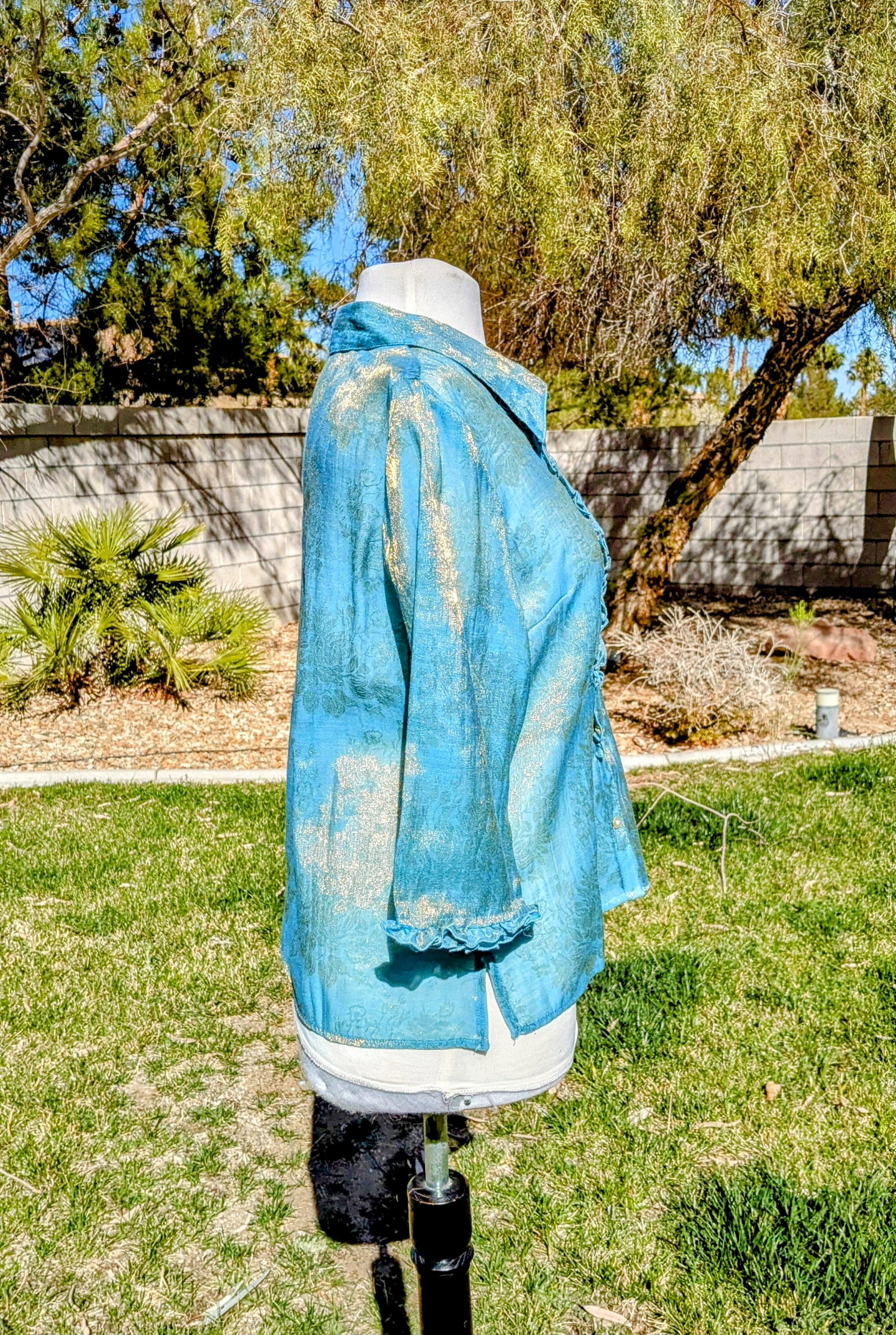 Designer JH Collectibles Light Blue&Gold Petite Sheer L/S Top Blouse Size L / US 10 / IT 46 - 2 Thumbnail
