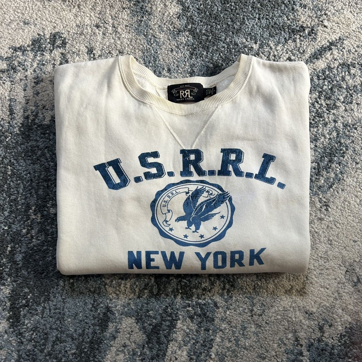 RRL Ralph Lauren 2018 CREAM U.S.R.R.L. MOUNTED COLLAR FOOTBALL CREWNECK BLUE Size US M / EU 48-50 / 2 - 4 Thumbnail