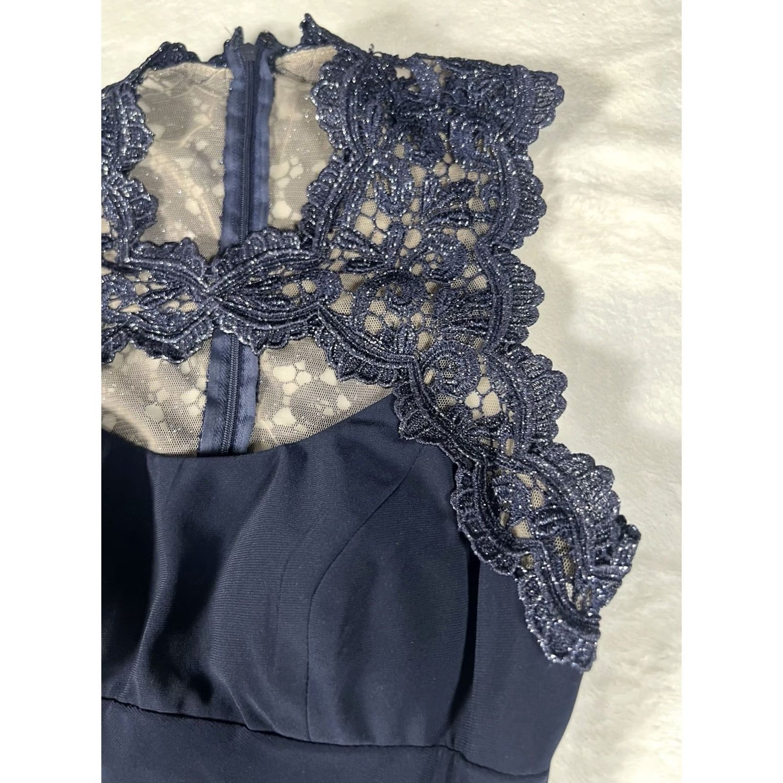 Vintage Cache' Navy Blue Net & Lace Key Hole Midi Dress - Sleeveless Ruched Waist Formal 2 NWT 14575 Size XS / US 0-2 / IT 36-38 - 4 Thumbnail