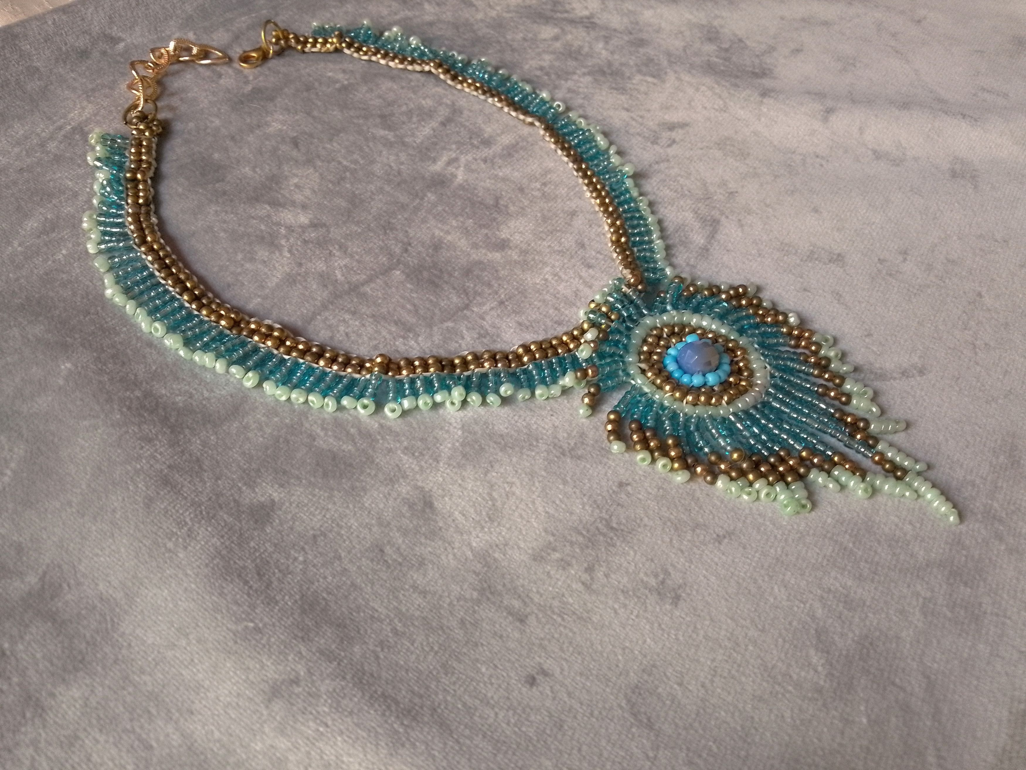 Handmade Necklace Peacock Feather Brass Metallic Glass Blue Crystal Size ONE SIZE - 6 Thumbnail