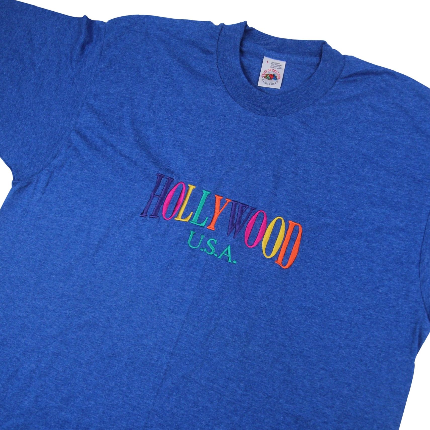 Rainbow VINTAGE Hollywood Mens T-Shirt Blue Rainbow Spellout Embroidered 50/50 21.5x29 Large (L) Shirts Mens Size US L / EU 52-54 / 3 - 2 Thumbnail
