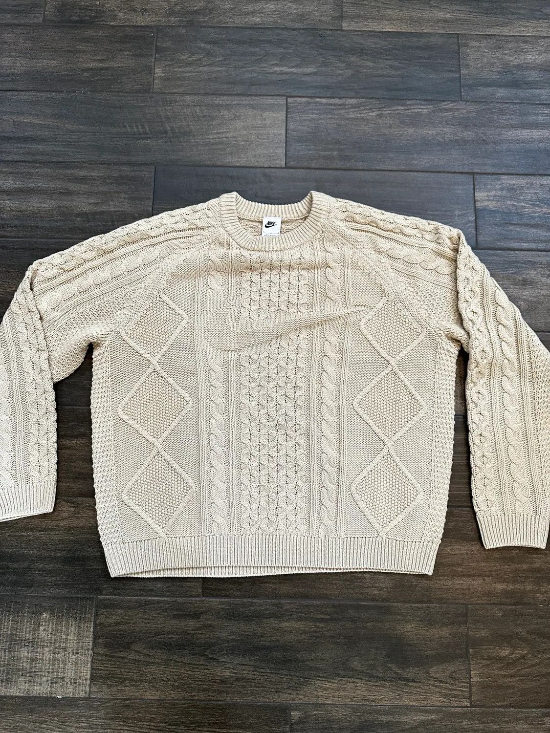 image of Nike Cable Knit Sweater Tan Brown, Men's (Size Large)