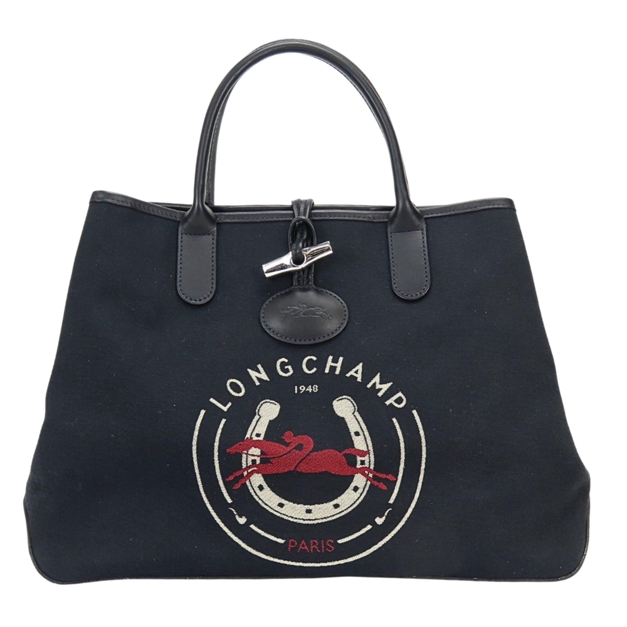 Longchamp Roseau Canvas Leather Handbag, Navy, Women's in Blue, Women's