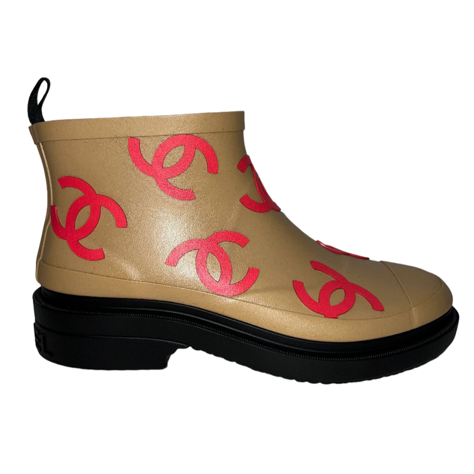 Chanel 23A Beige Pink All Over Logo CC Low Top Rain Boots 41