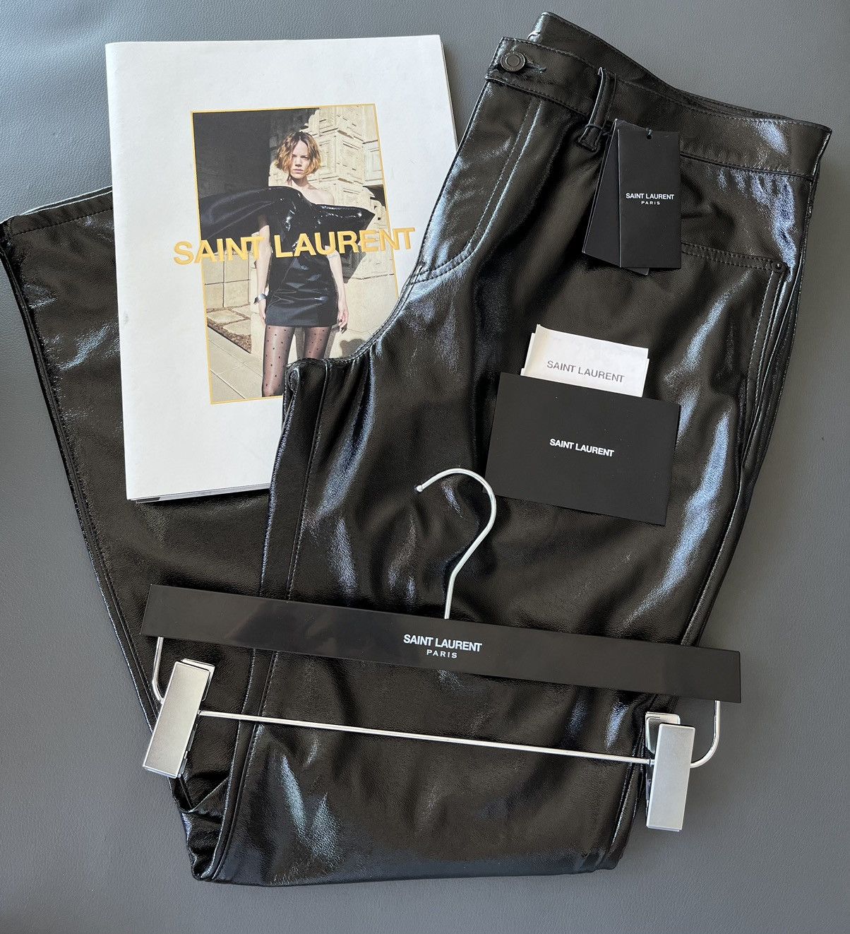 image of Saint Laurent Paris x YVES Saint Laurent Runway Skinny Leather Wax Venice Pant in Black (Size 34)