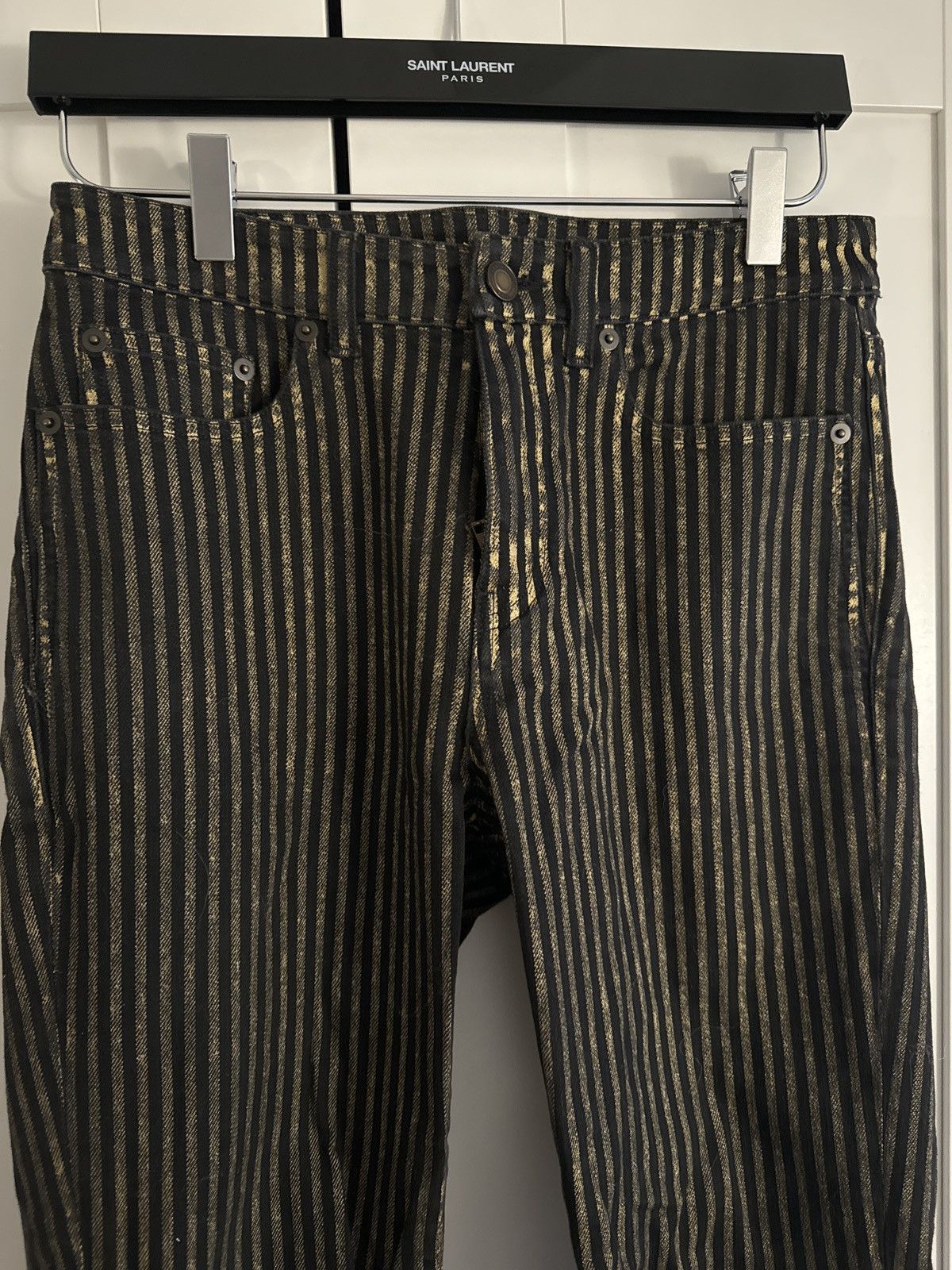 image of Saint Laurent Paris Gold Pinstipe Denim Jeans Ss19 in Black, Women's (Size 27)